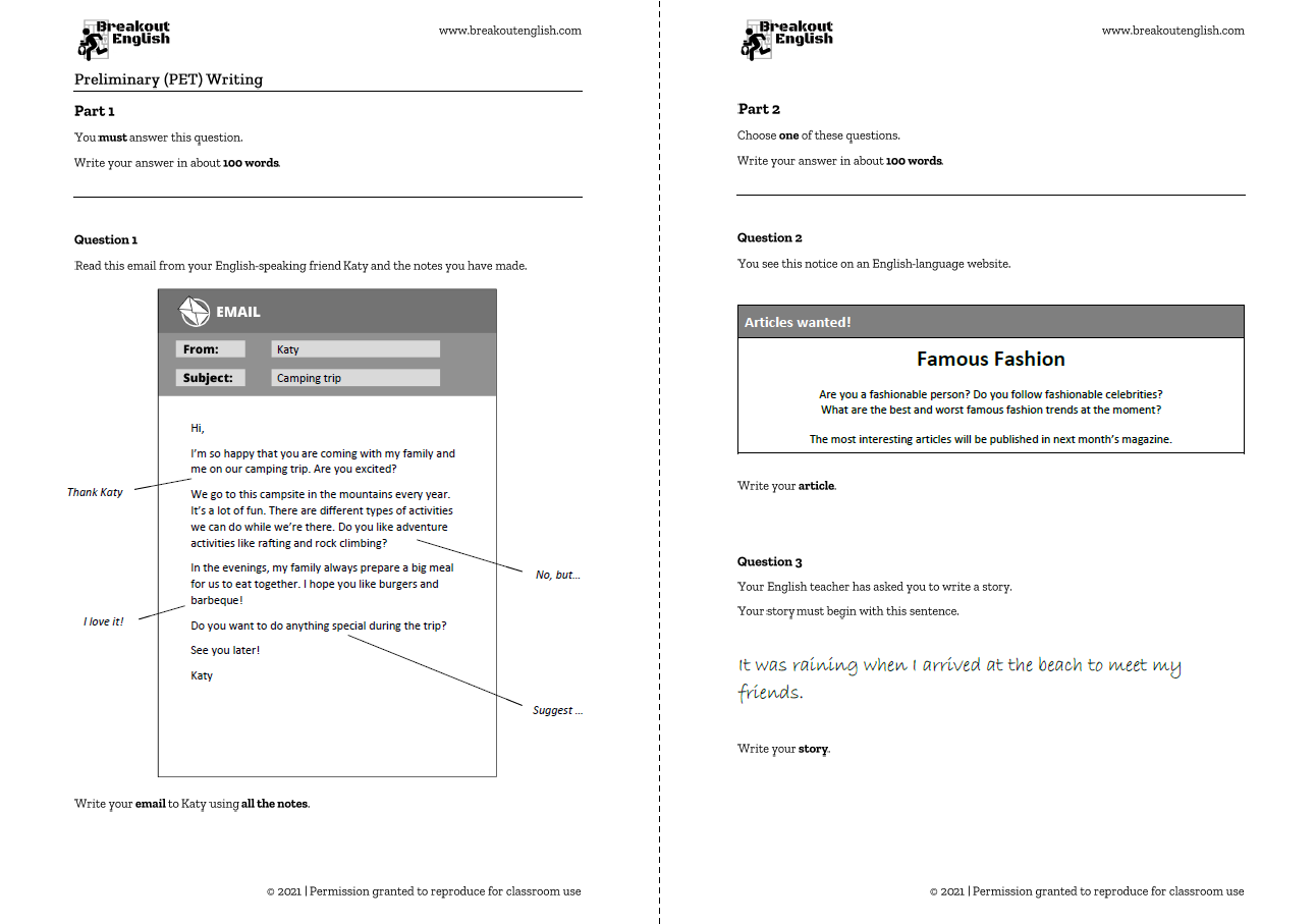 Preliminary (PET) Writing Sample Tests - Breakout English