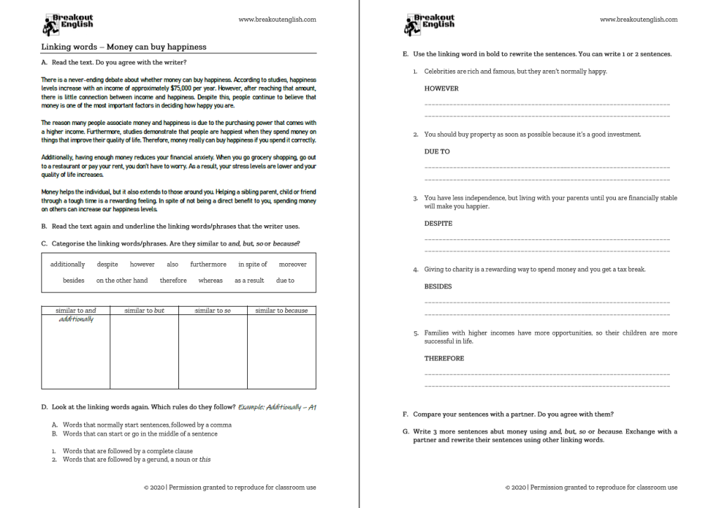 linking words examples linking words activities