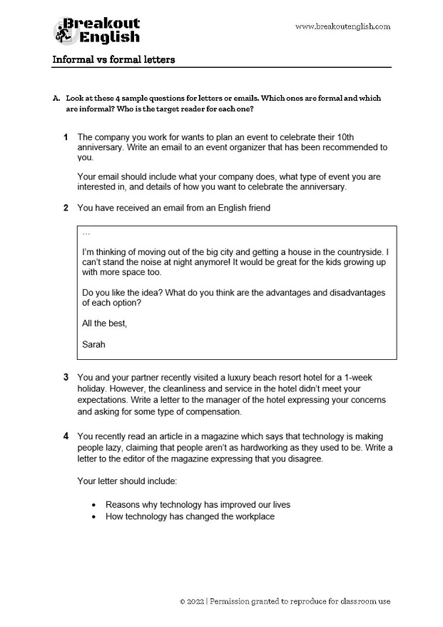 Informal vs formal letters and emails - Breakout English