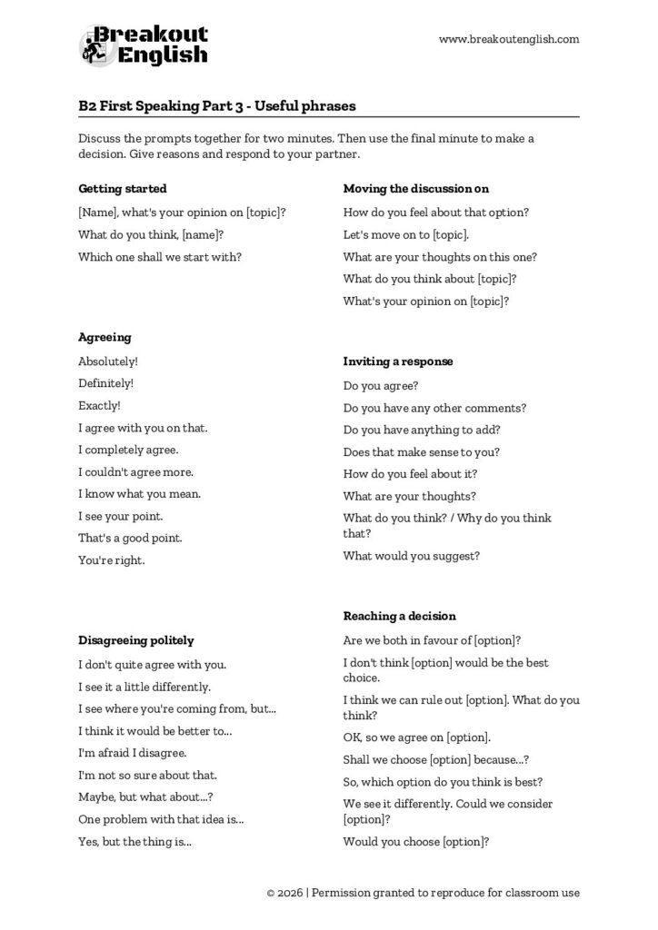 B2 First Speaking Part 3 useful phrase sheet