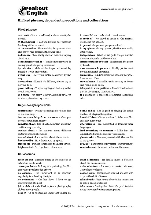 B1 fixed phrases, dependent prepositions and collocations page 1