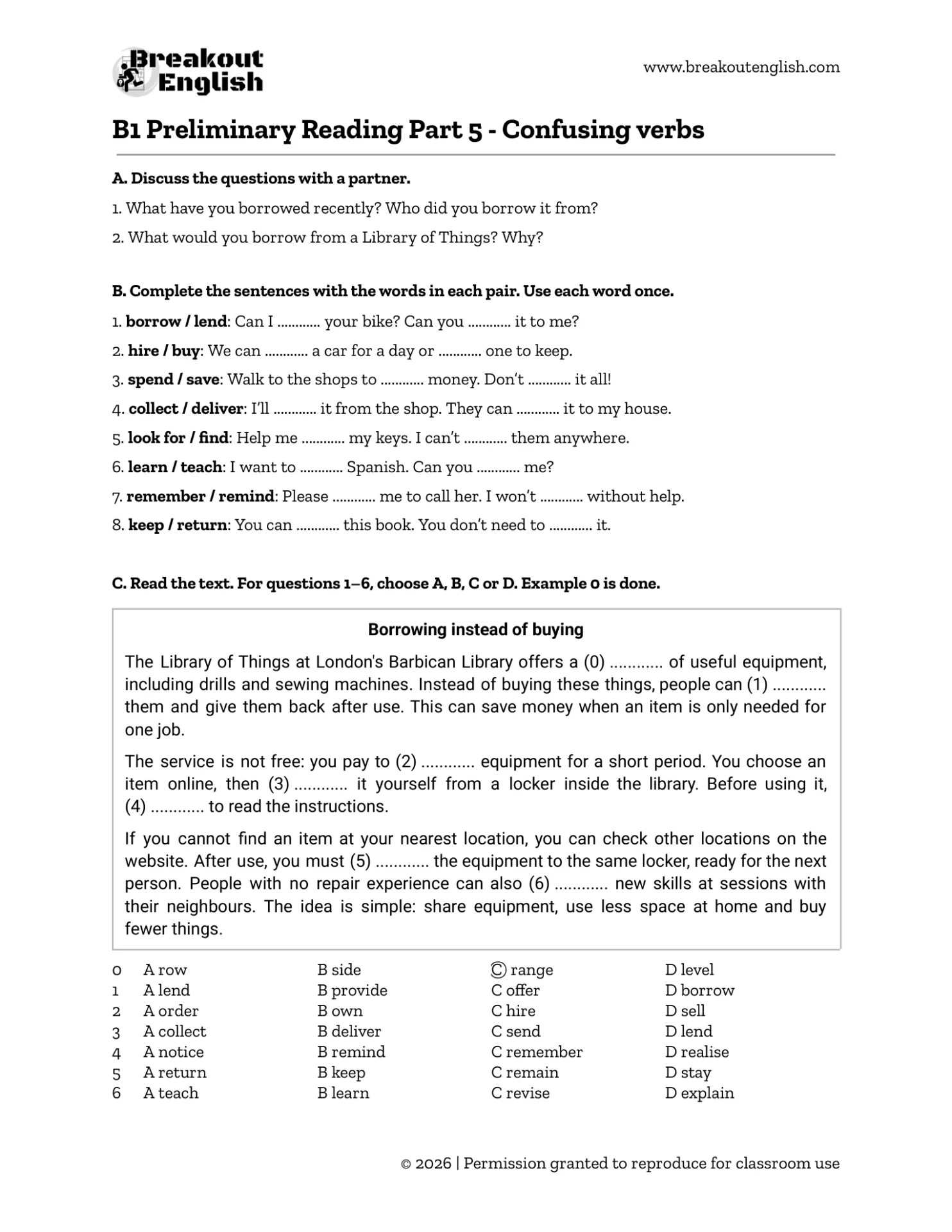 B1 Preliminary Reading Part 5 - confusing verbs worksheet