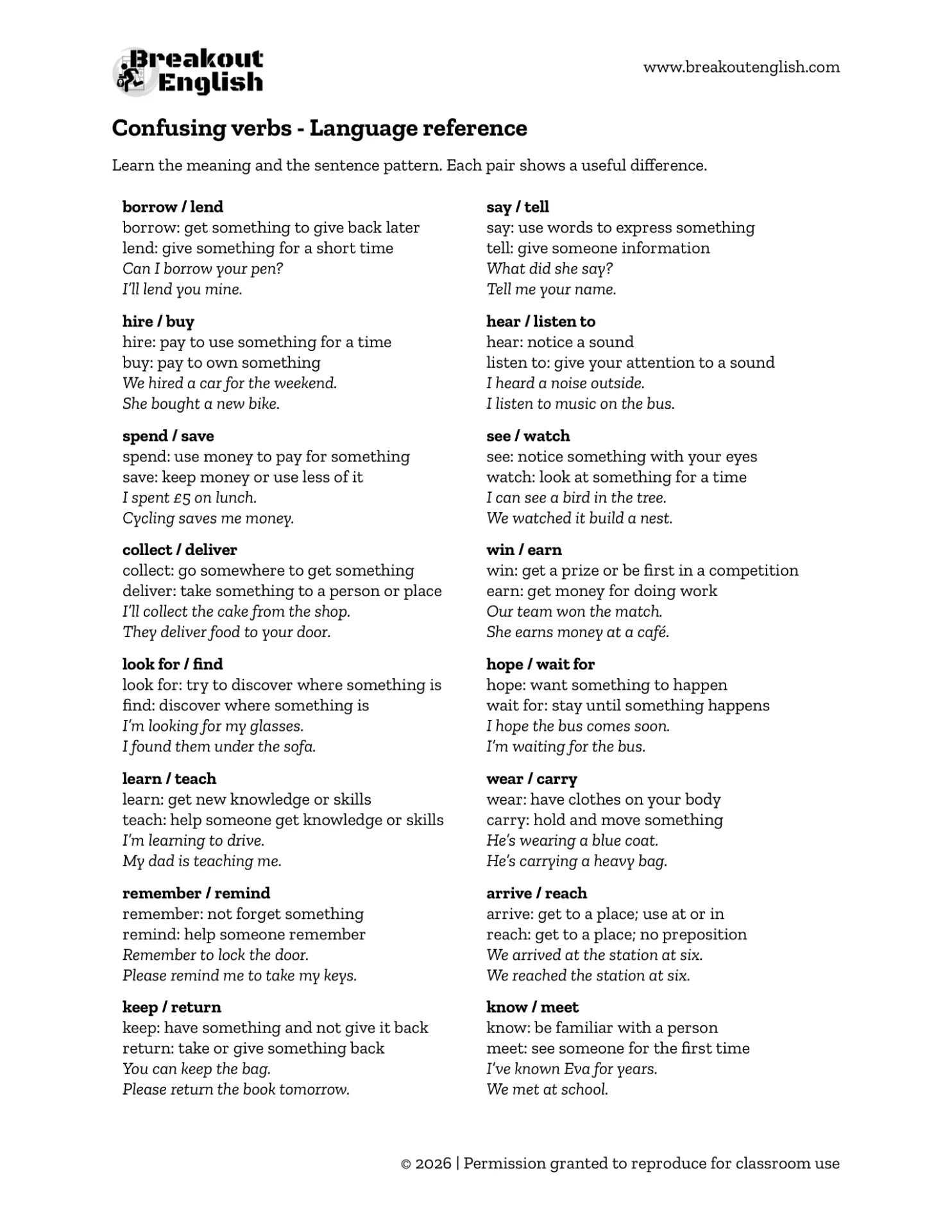 B1 Preliminary Reading Part 5 - confusing verbs reference list