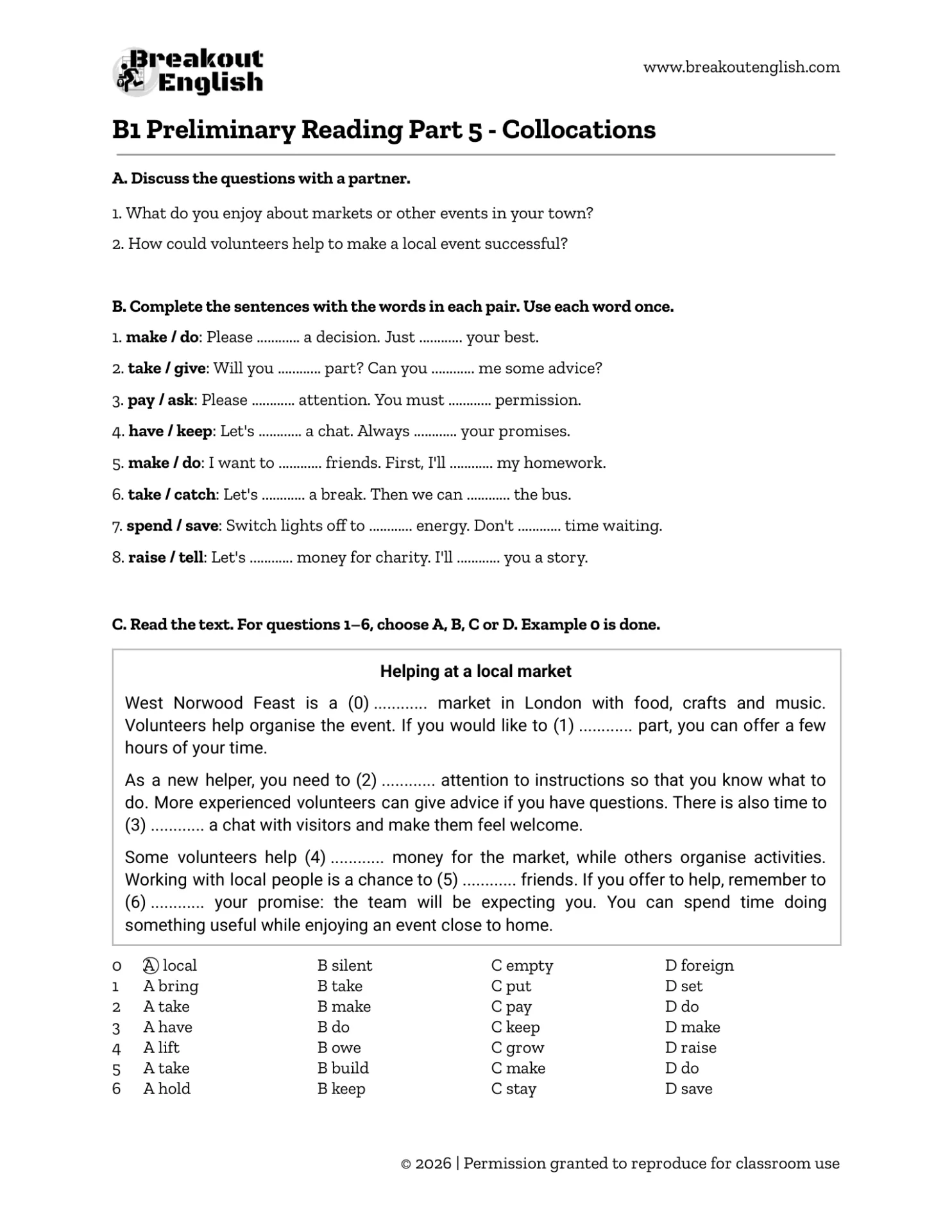 B1 Preliminary Reading Part 5 - collocations worksheet