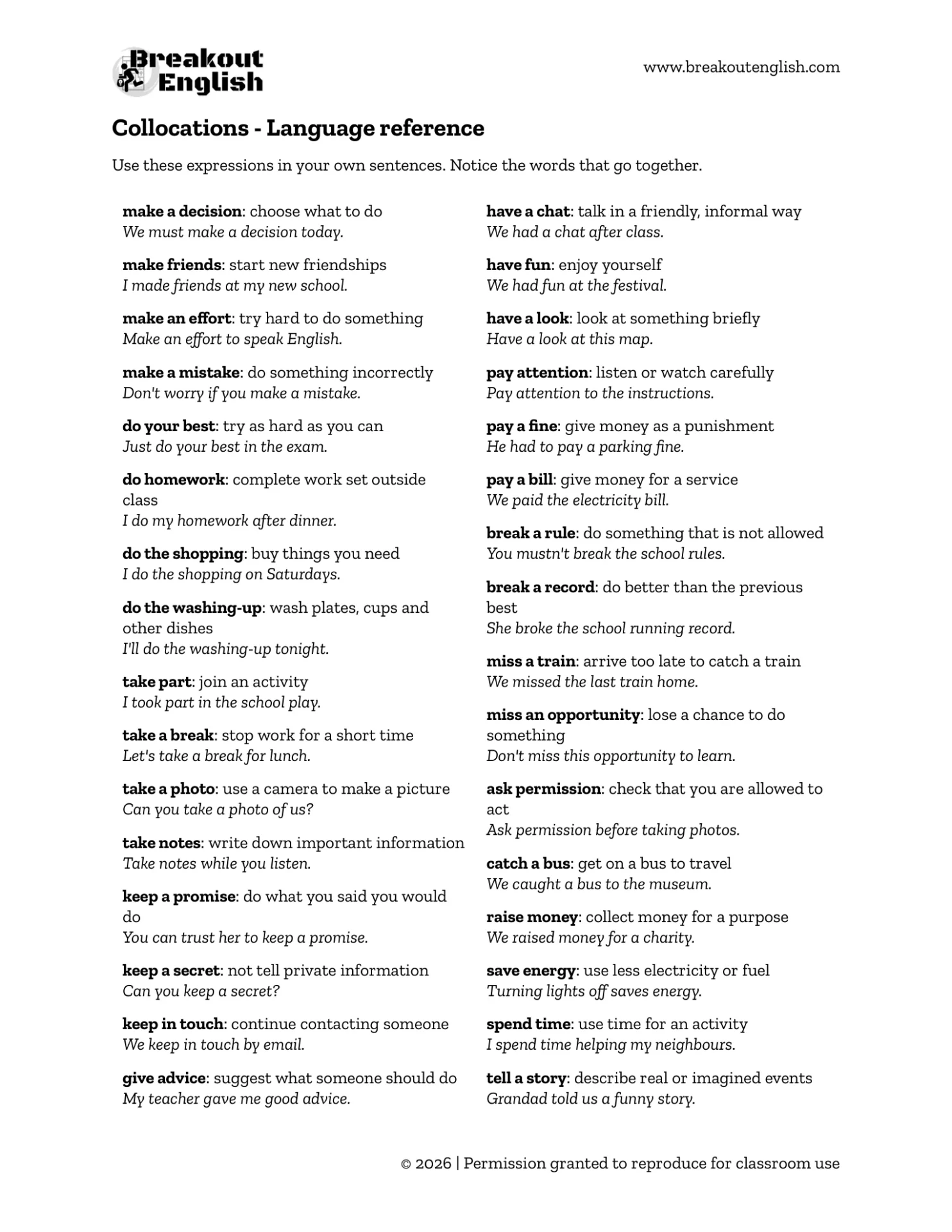 B1 Preliminary Reading Part 5 - collocations reference list