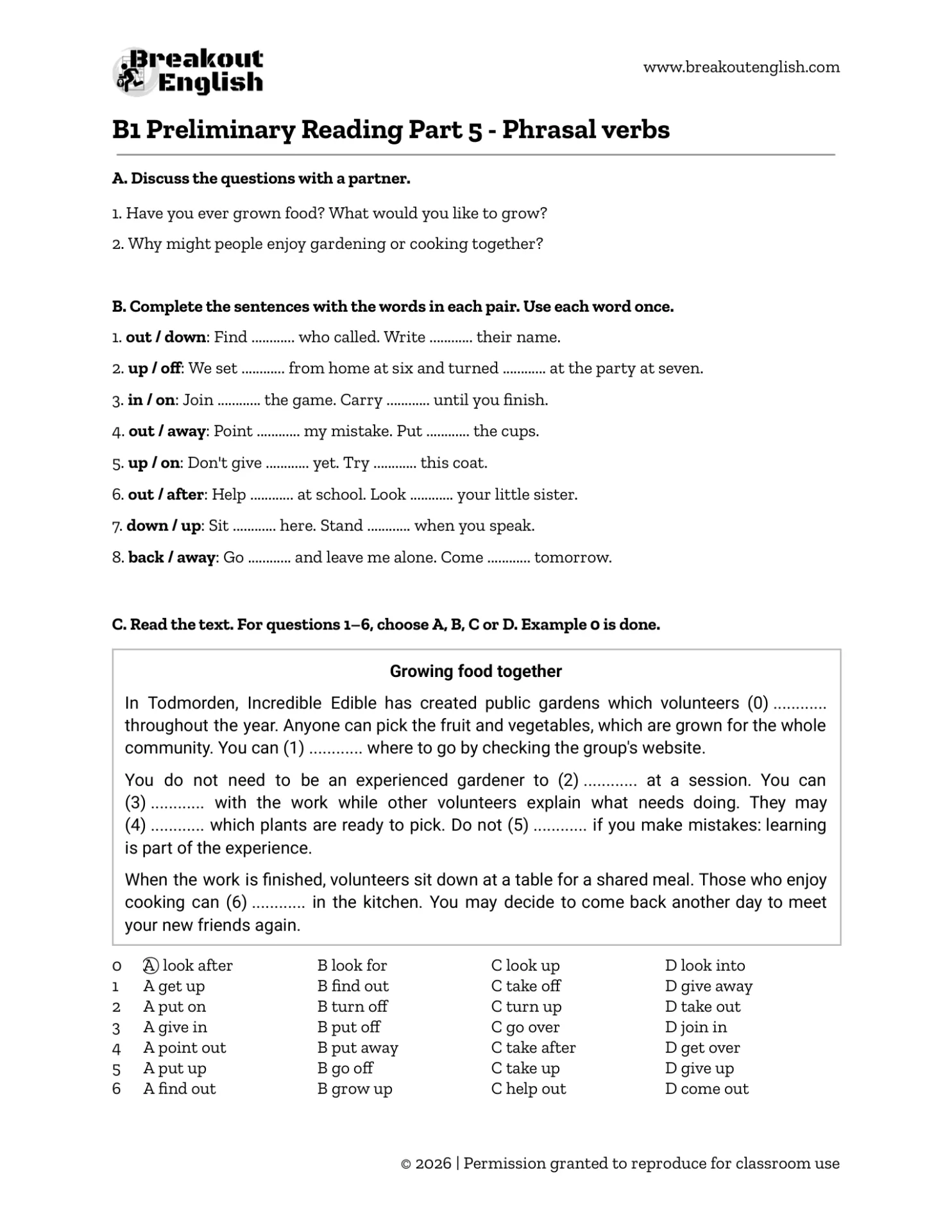 B1 Preliminary Reading Part 5 - phrasal verbs worksheet