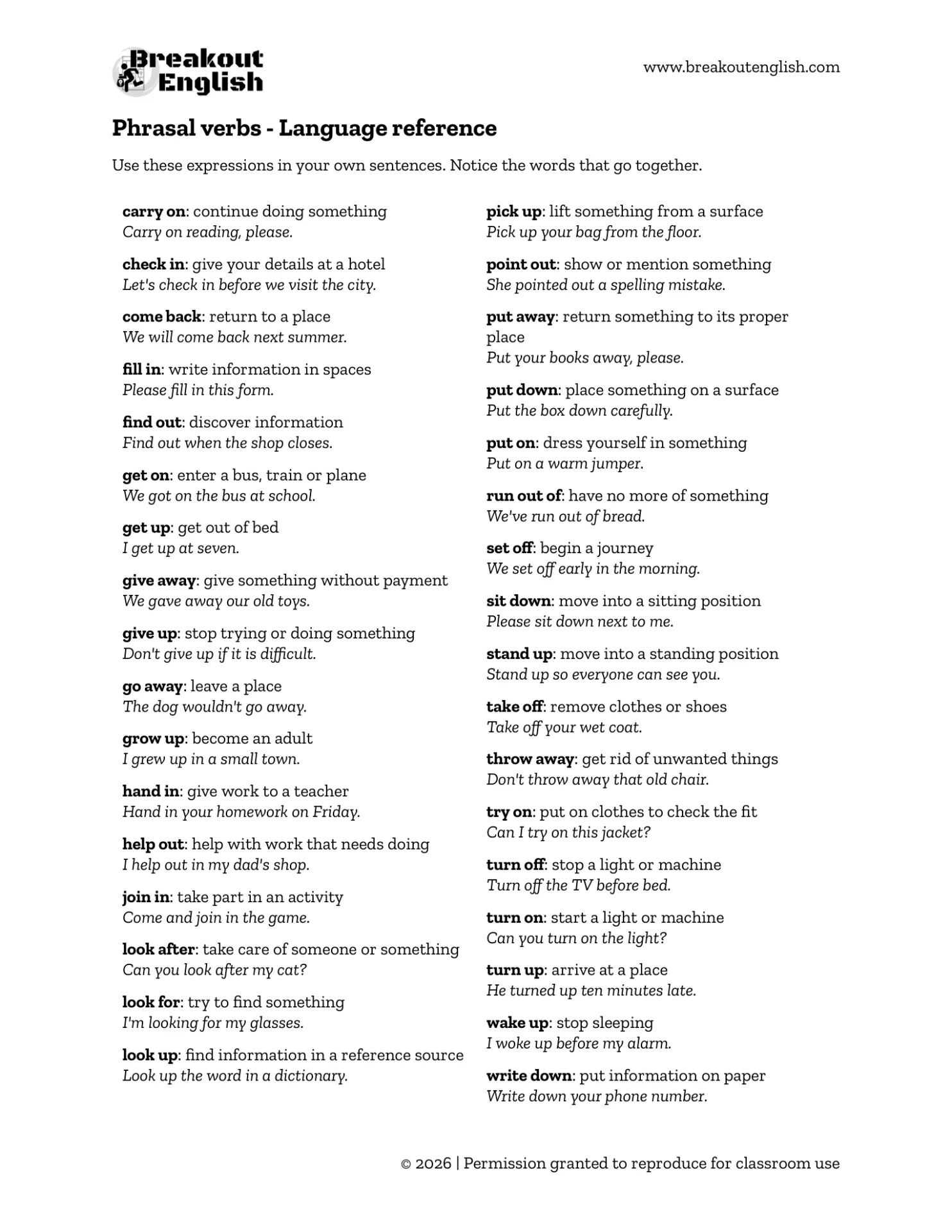 B1 Preliminary Reading Part 5 - phrasal verbs reference list