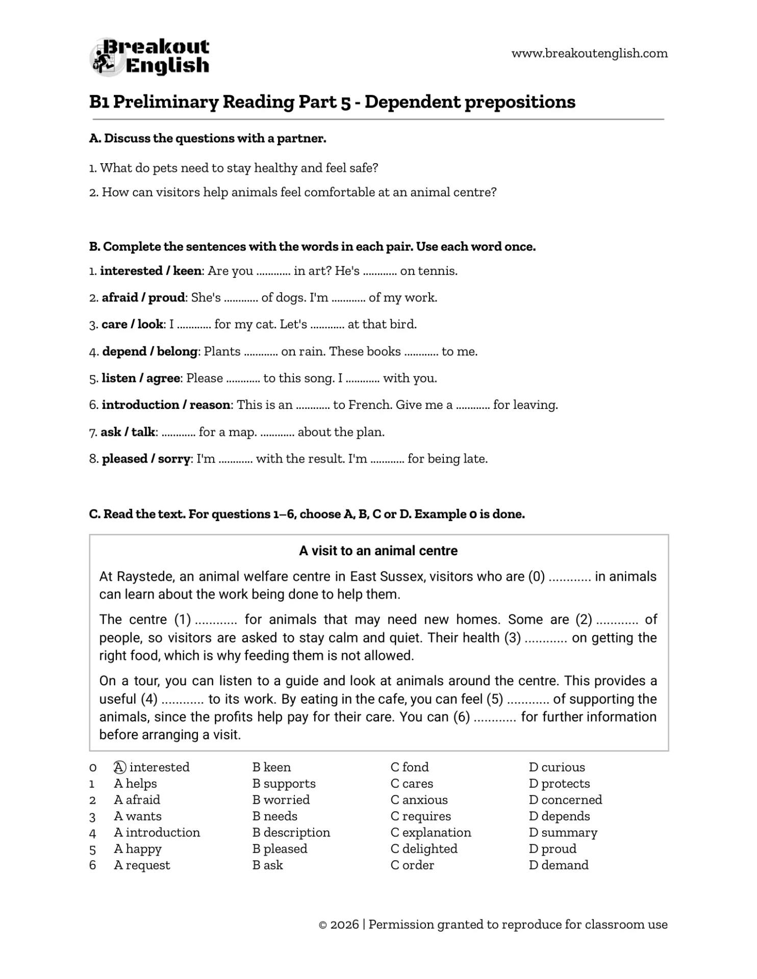 B1 Preliminary Reading Part 5 - dependent prepositions worksheet
