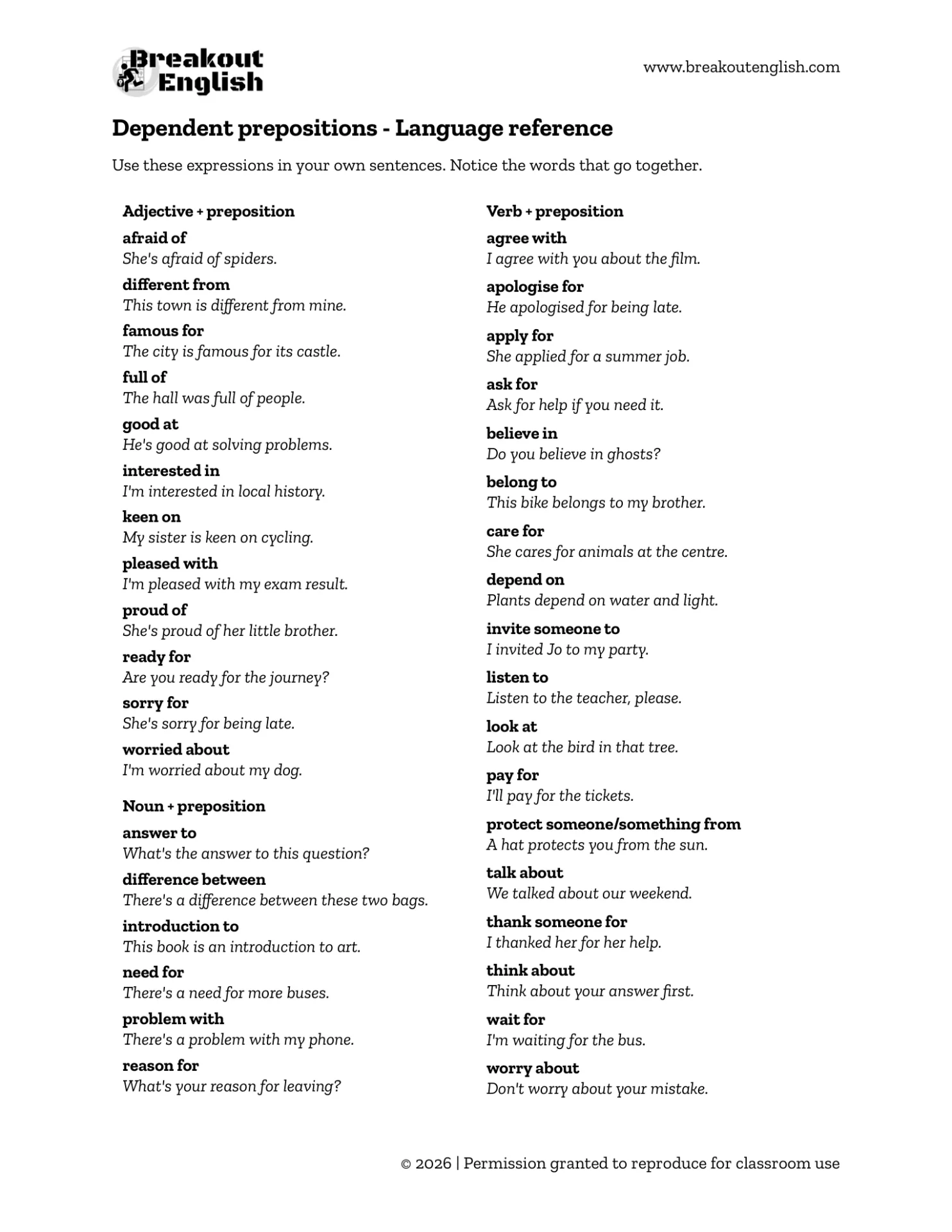 B1 Preliminary Reading Part 5 - dependent prepositions reference list