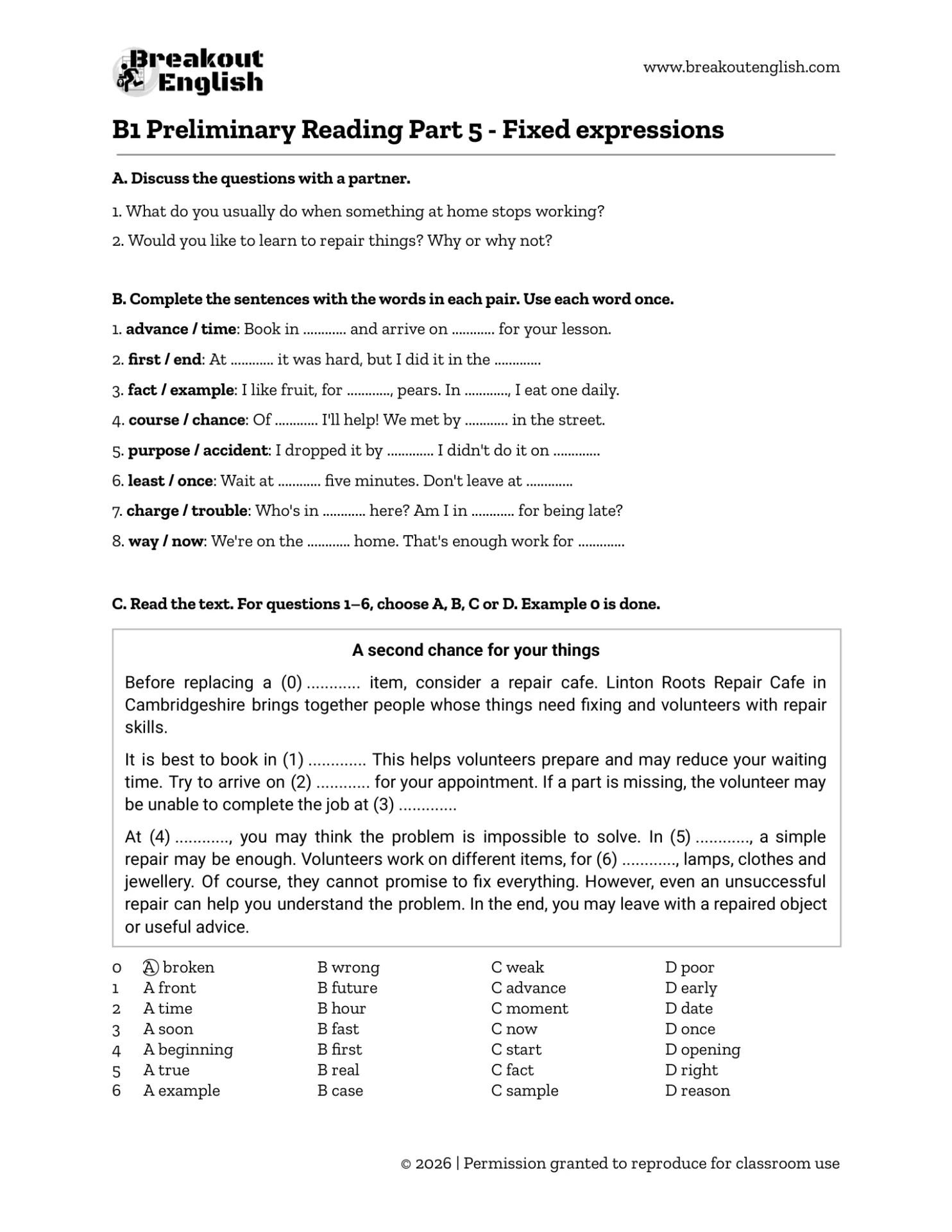 B1 Preliminary Reading Part 5 - fixed expressions worksheet