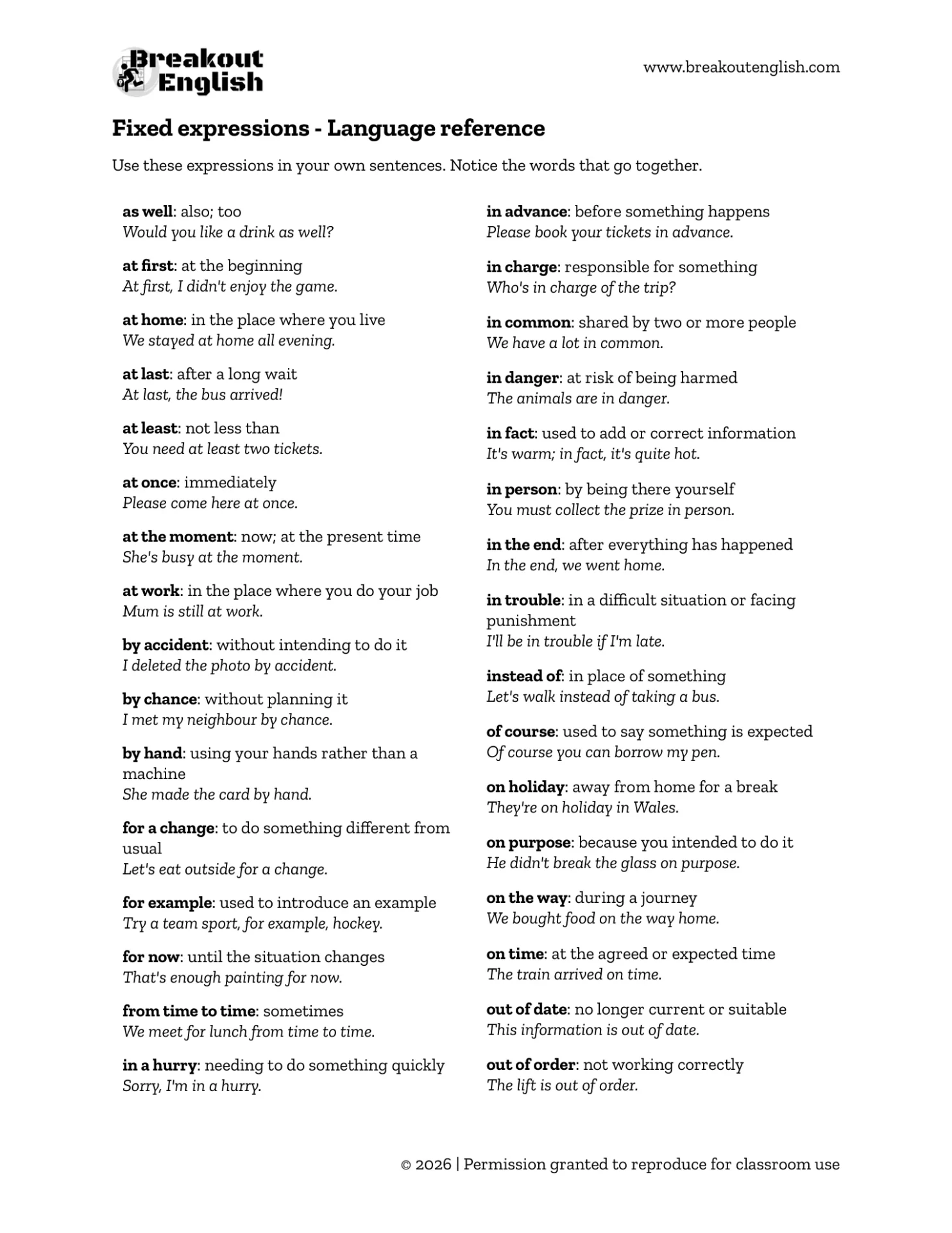 B1 Preliminary Reading Part 5 - fixed expressions reference list