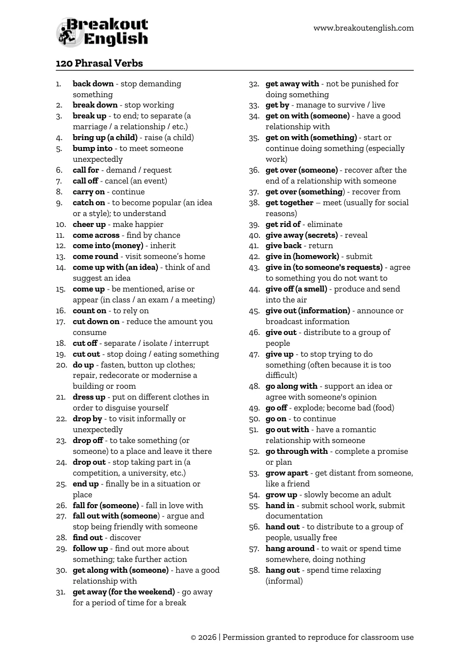 120 phrasal verbs list, page 1