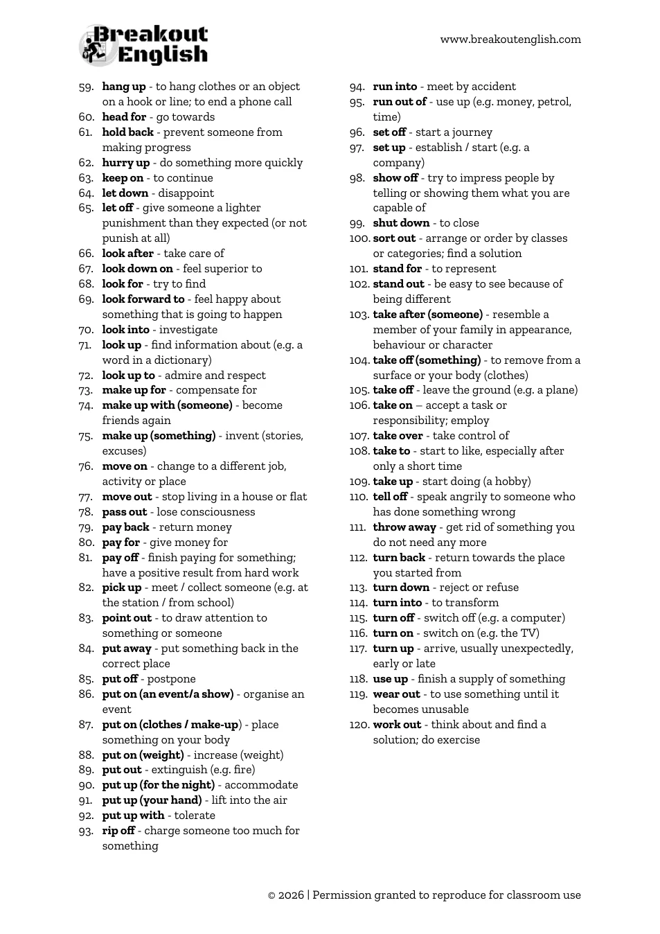 120 phrasal verbs list, page 2