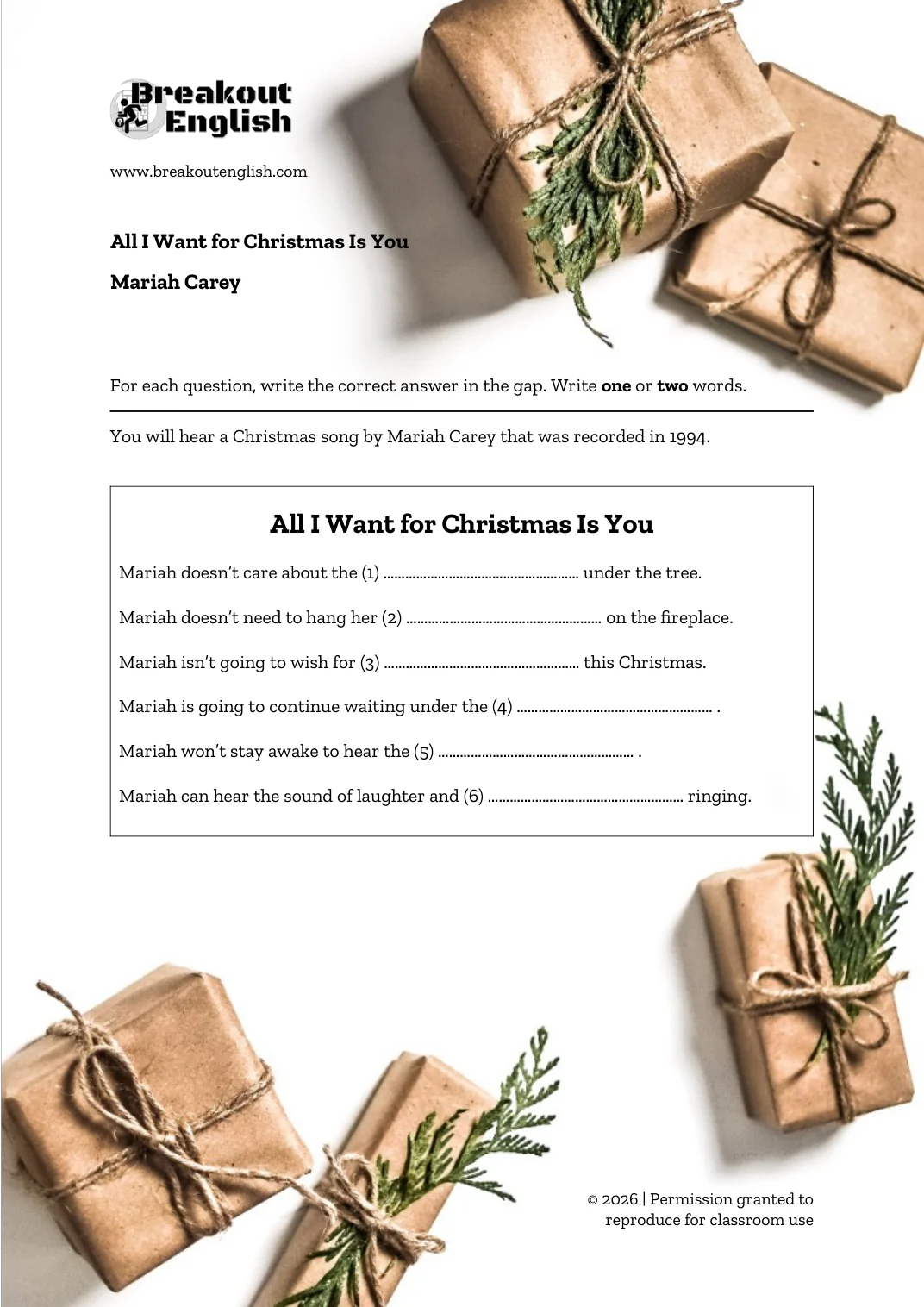 All I Want for Christmas Is You listening worksheet