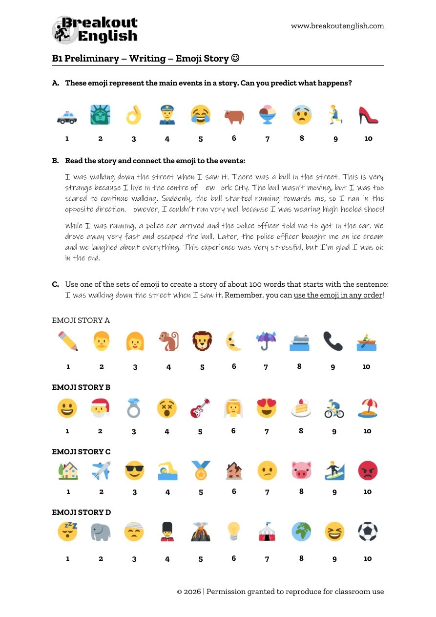 B1 Emoji Story classroom worksheet, full printable page