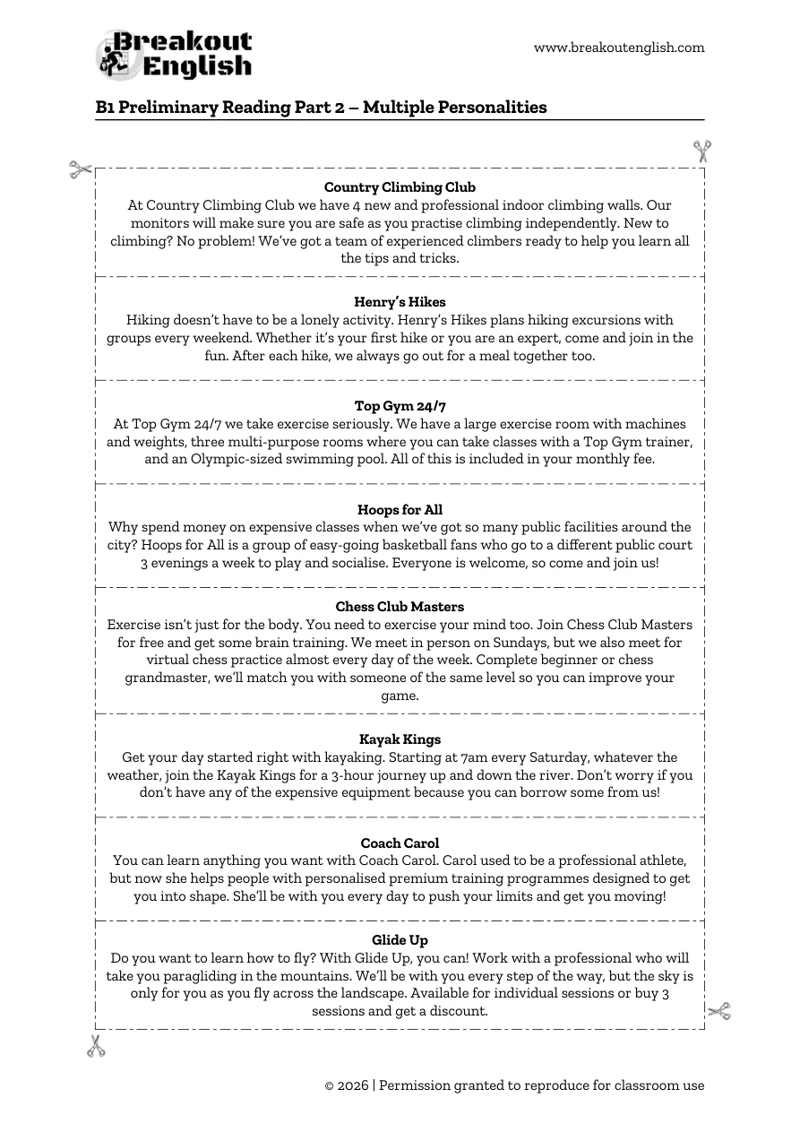 B1 Multiple Personalities, eight activity cards