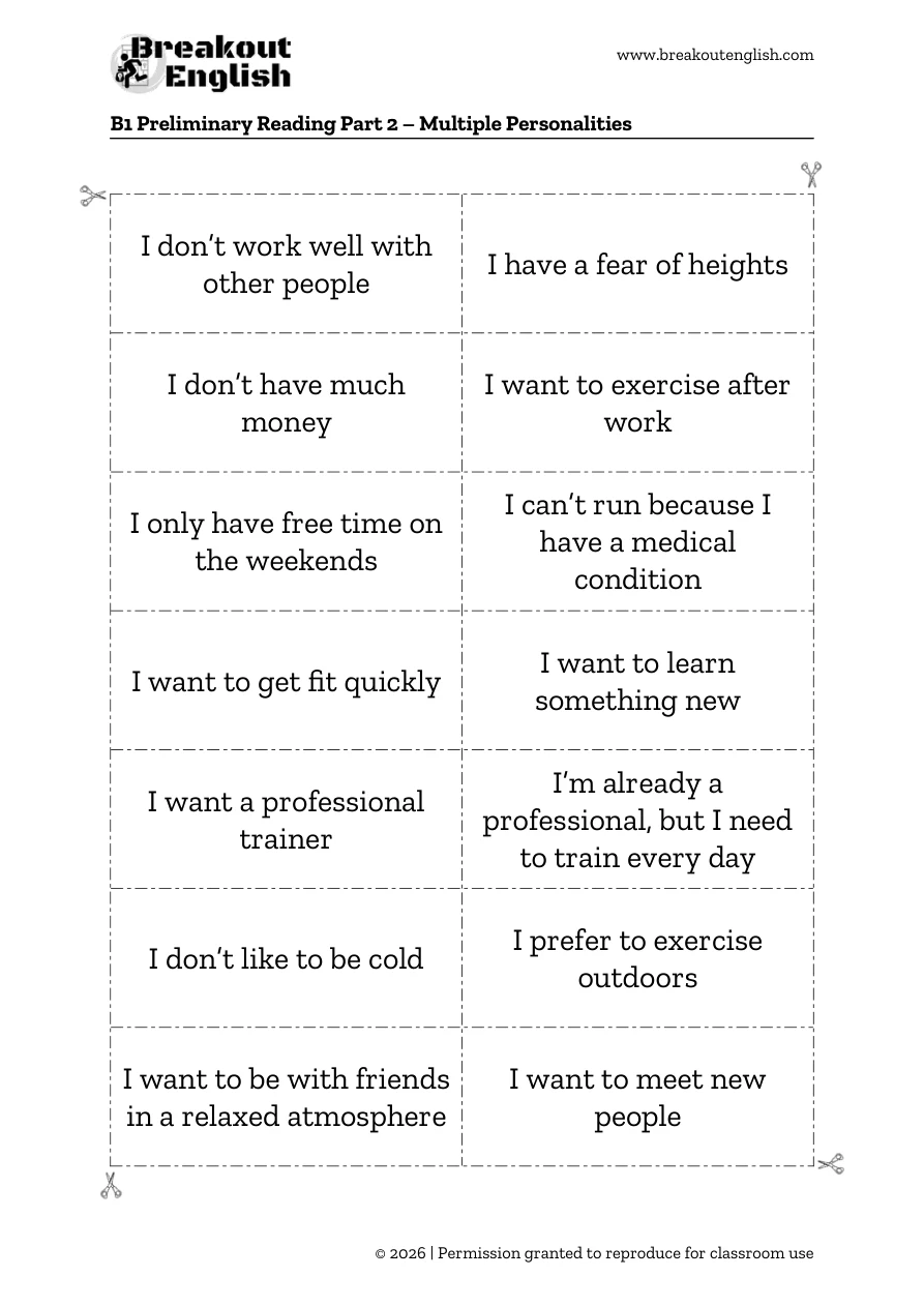 B1 Multiple Personalities, fourteen criteria cards