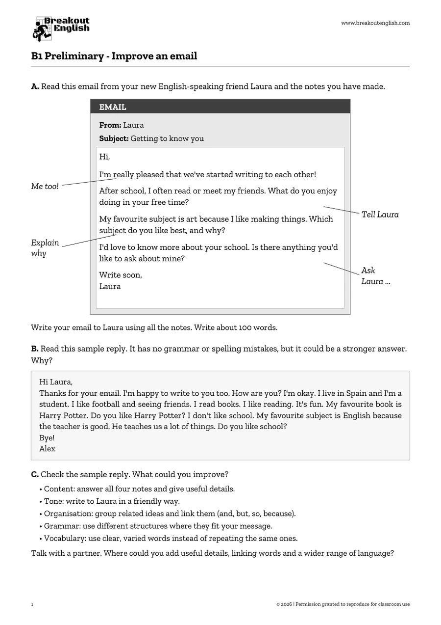 Page 1 of B1 Preliminary Improve an Email: annotated email and improvement activity