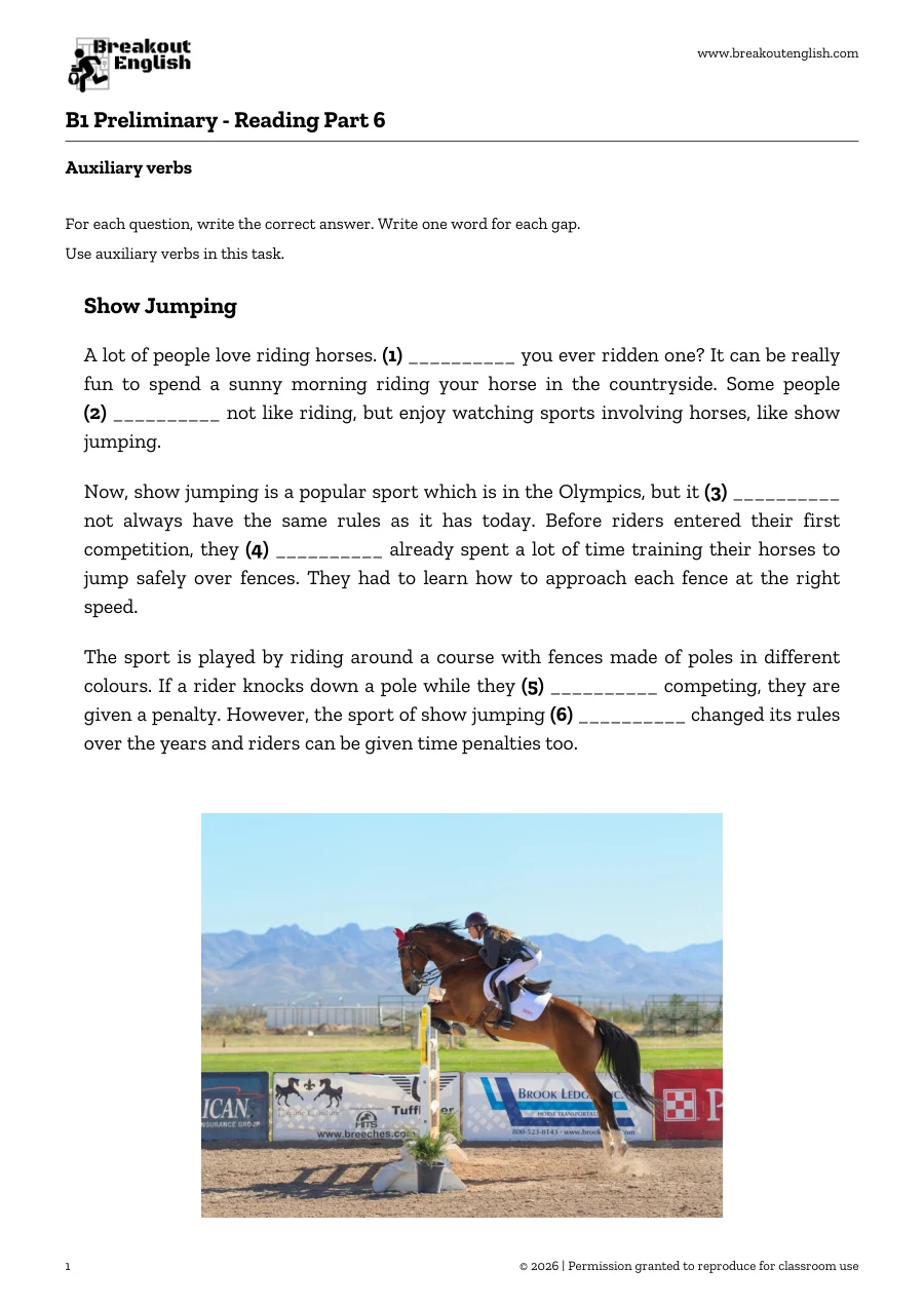 Page 1 of B1 Preliminary Reading Part 6 Open Cloze: Show Jumping