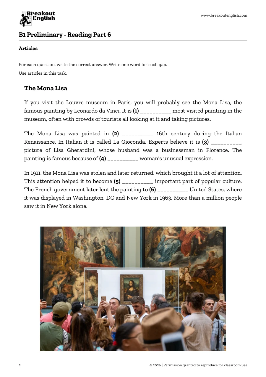 Page 2 of B1 Preliminary Reading Part 6 Open Cloze: The Mona Lisa