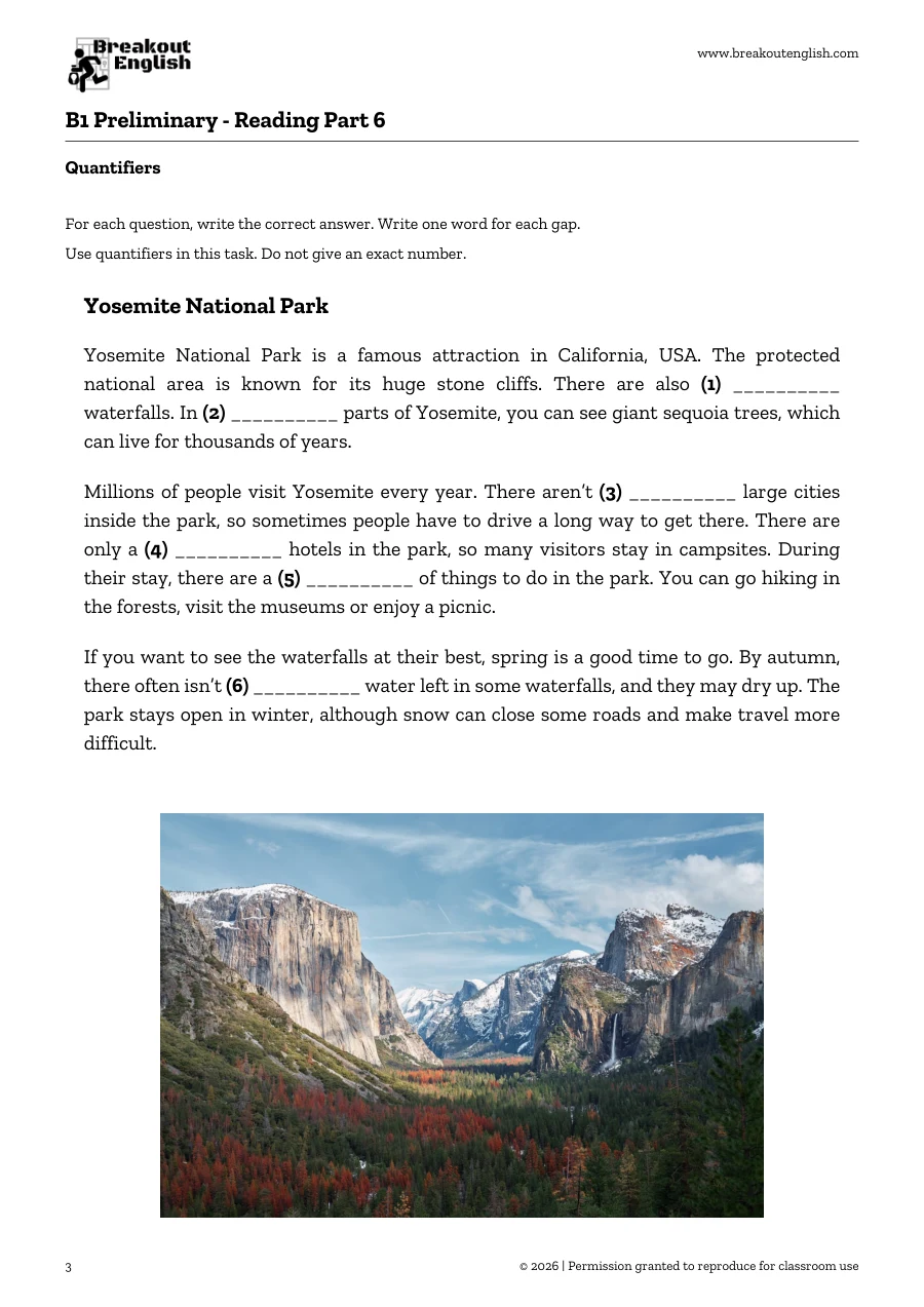 Page 3 of B1 Preliminary Reading Part 6 Open Cloze: Yosemite National Park