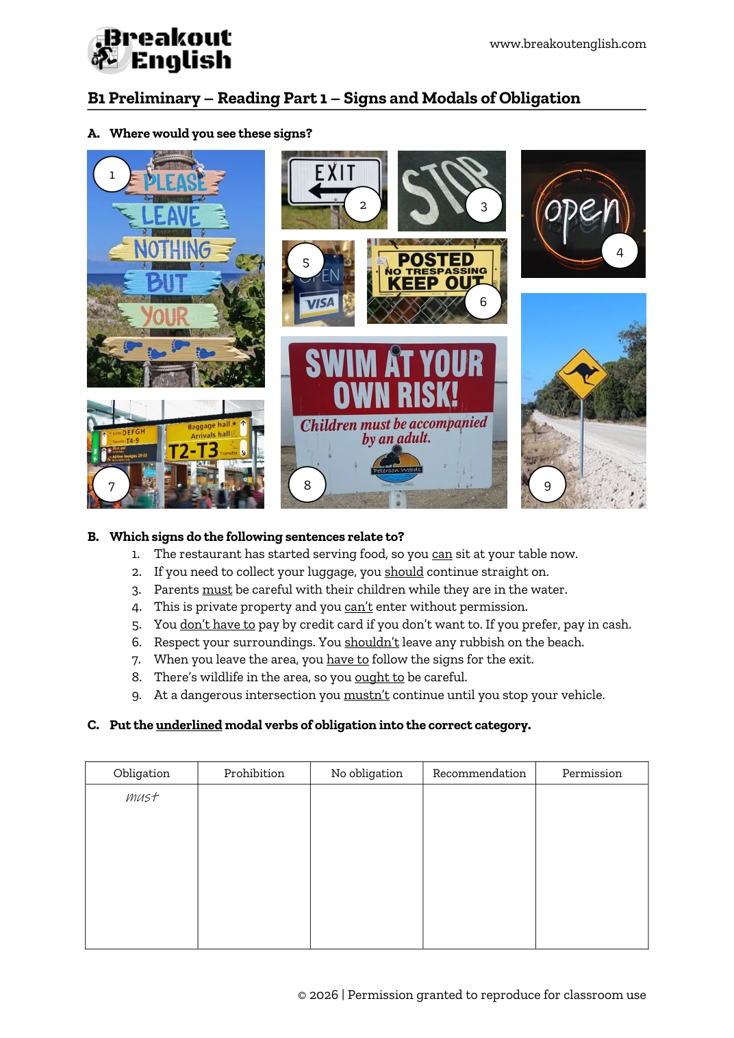 B1 Preliminary Reading Part 1 Signs and Modals preview 01