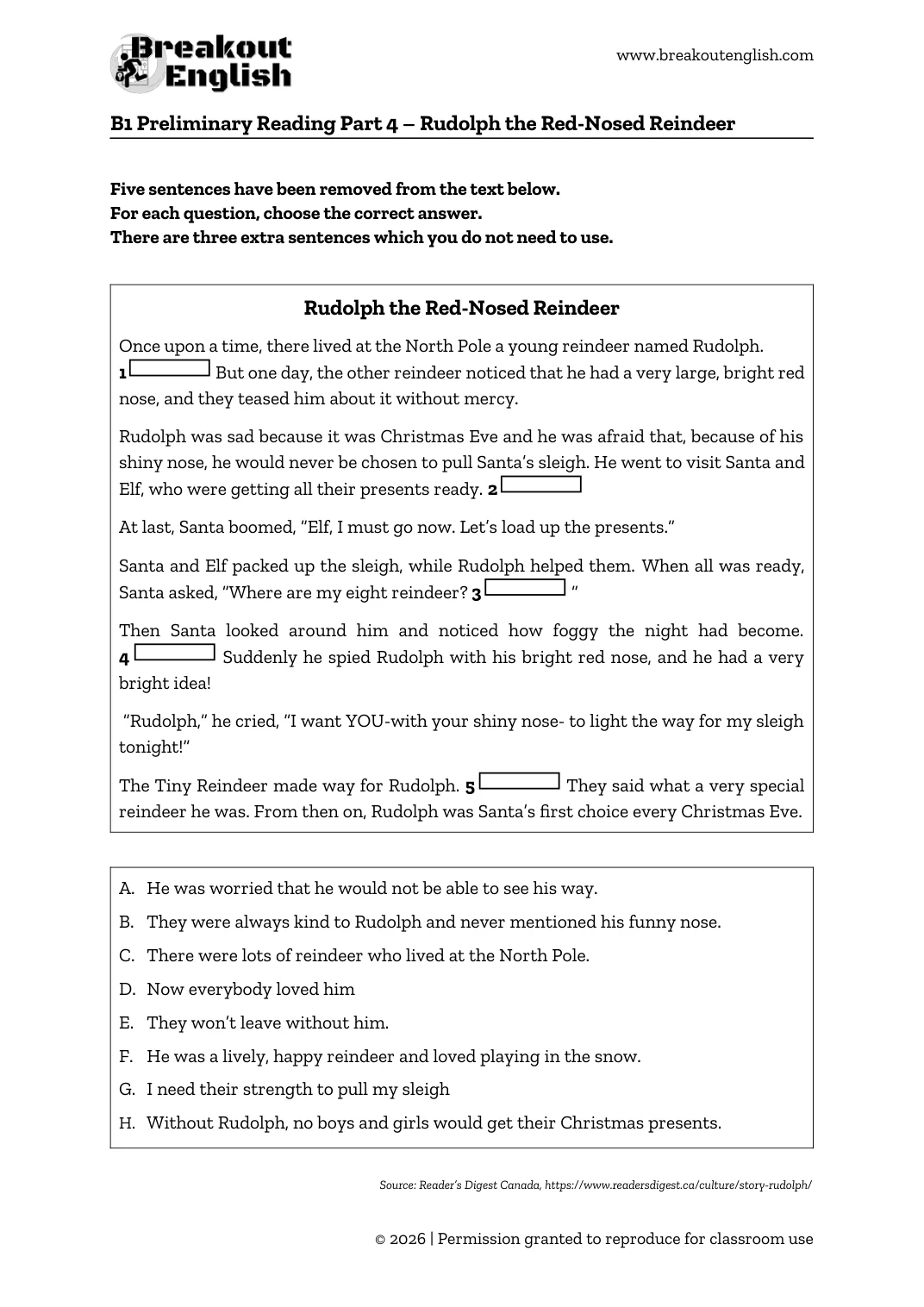 B1 Preliminary Reading Part 4 Rudolph worksheet