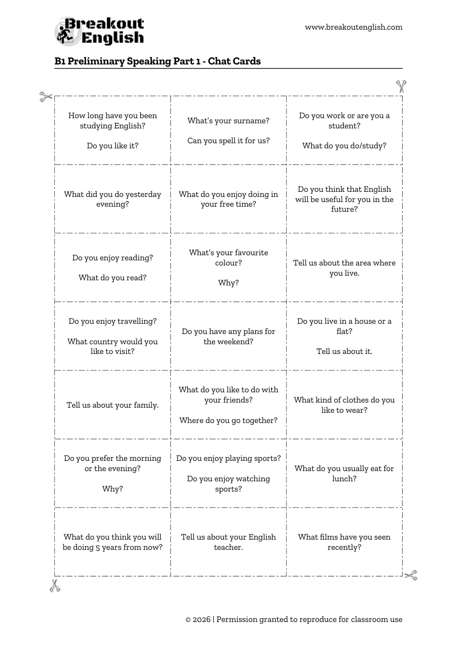 B1 Preliminary Speaking Part 1 chat cards, full printable page
