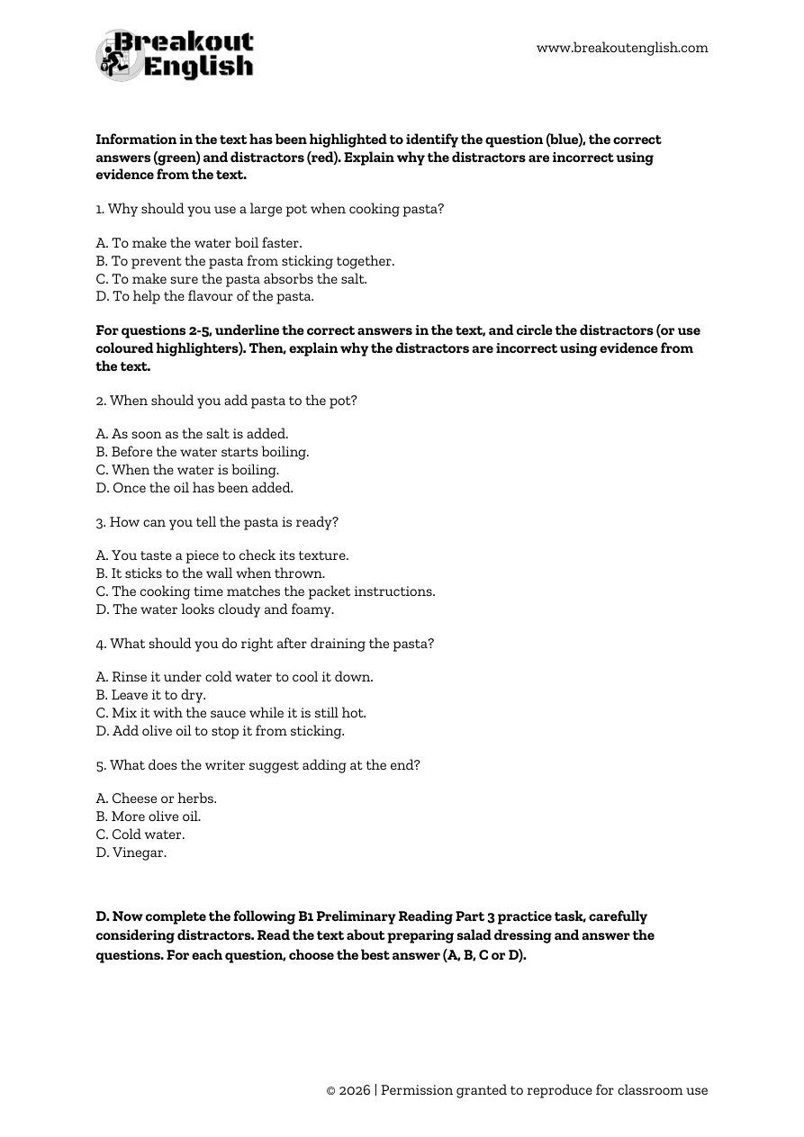 B1 reading distractor practice, student page 2