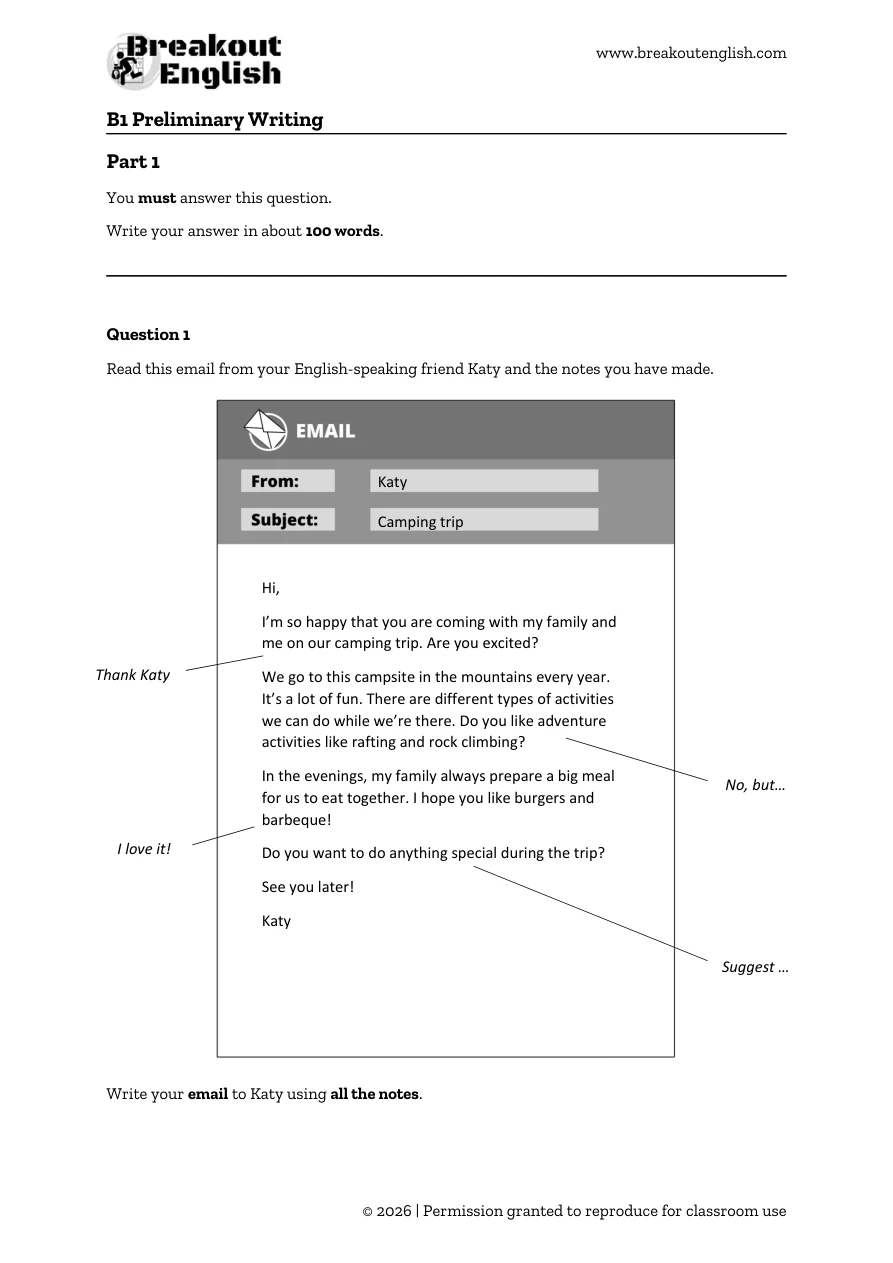 B1 Writing Sample Test A, student page 1