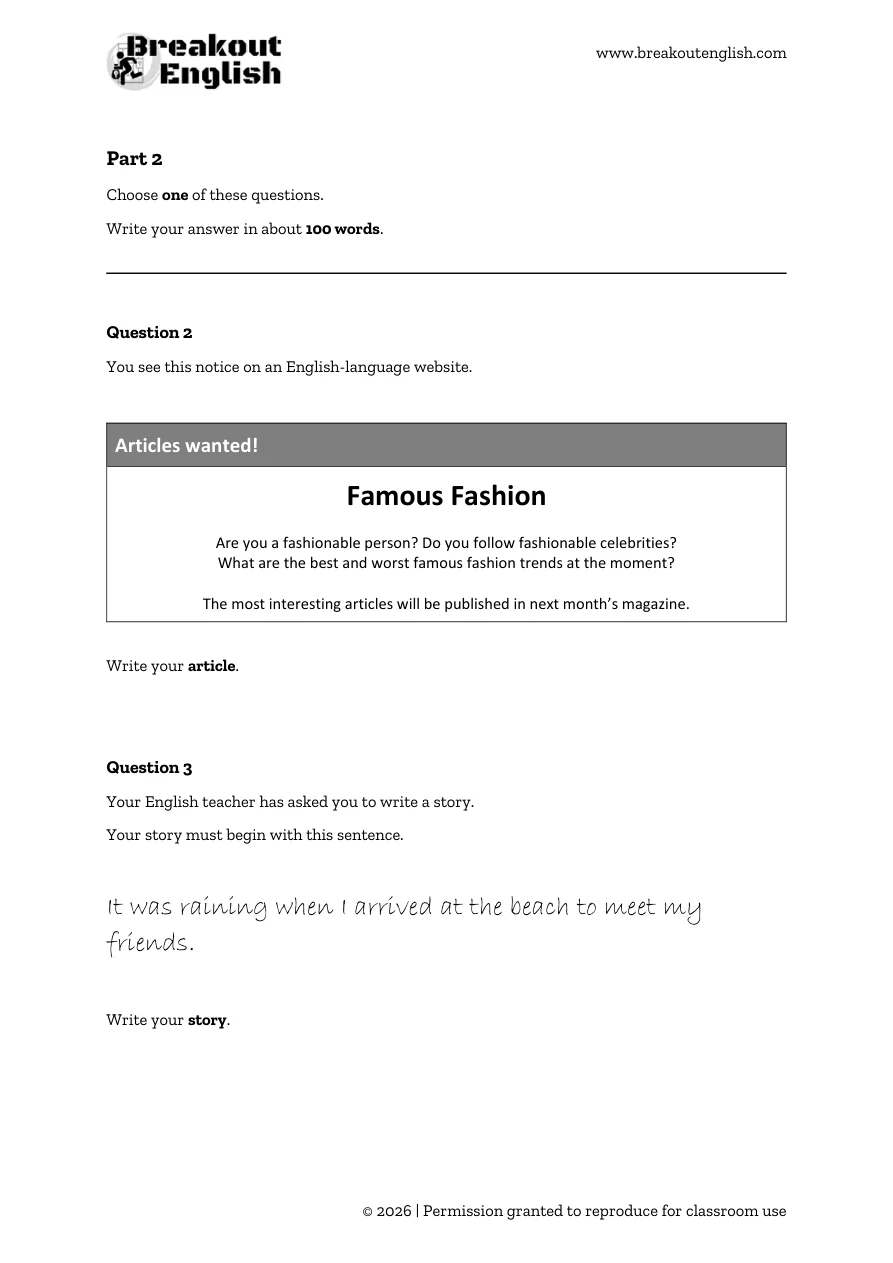 B1 Writing Sample Test A, student page 2