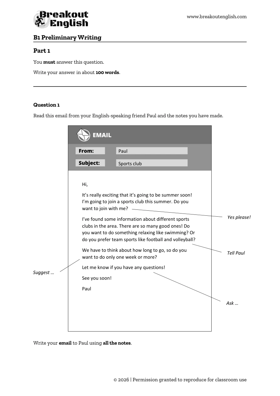 B1 Writing Sample Test B, student page 1