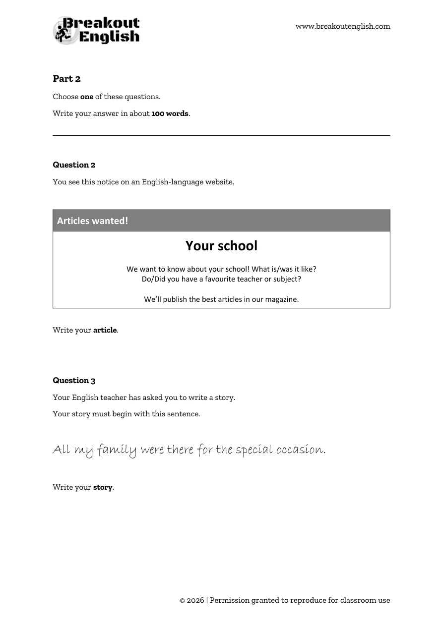 B1 Writing Sample Test B, student page 2