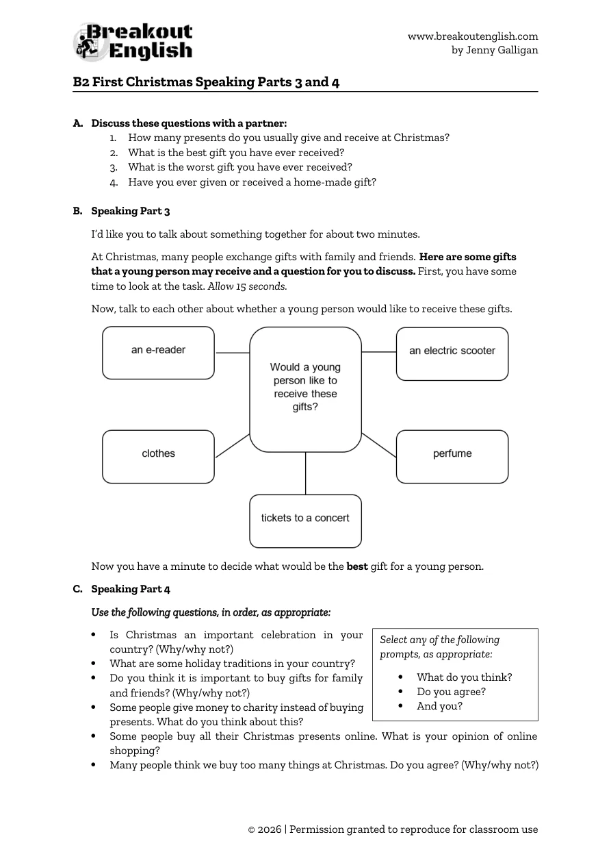 B2 First Christmas Speaking Parts 3 and 4