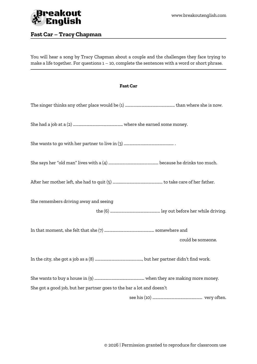B2 First Listening Part 2 Fast Car worksheet