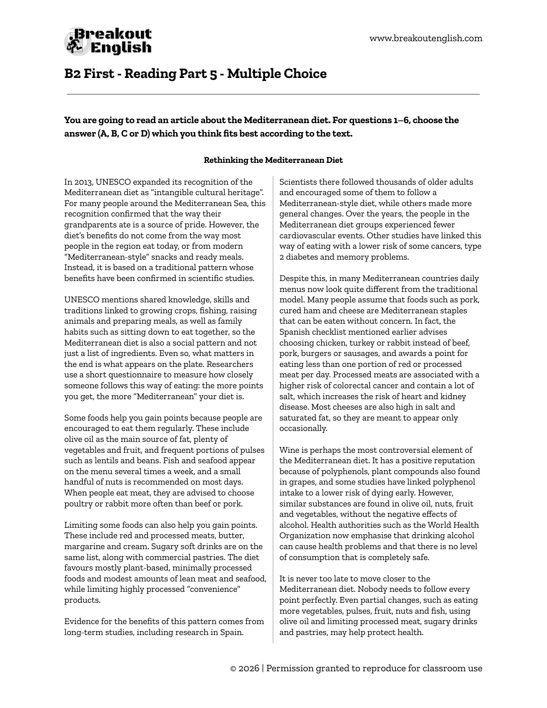B2 First Reading Part 5 reading text