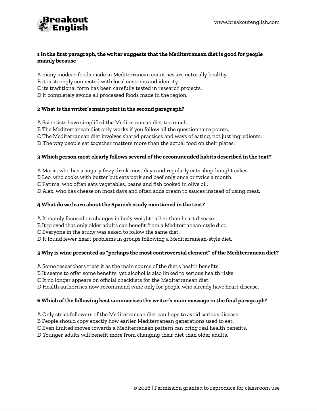 B2 First Reading Part 5 questions