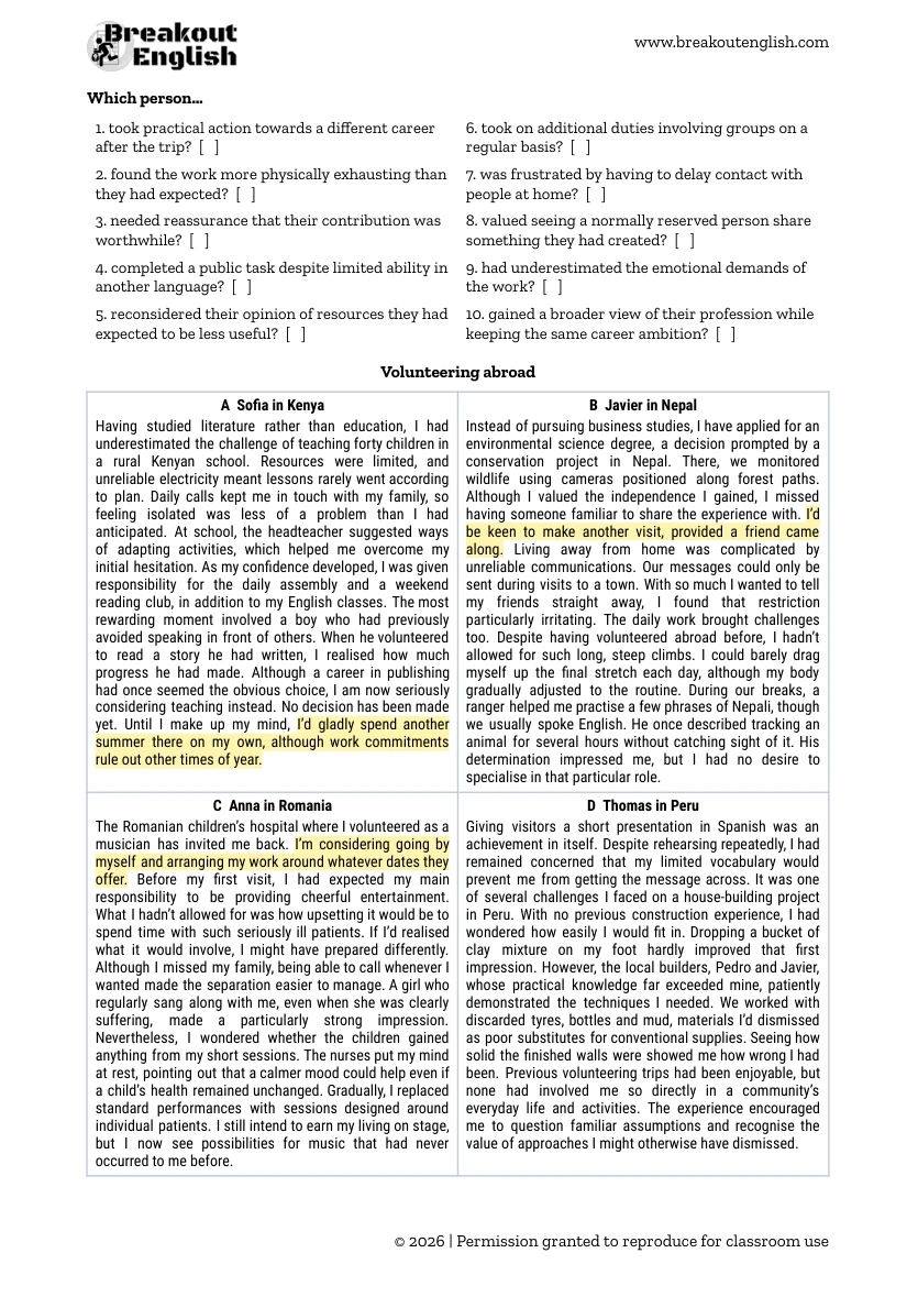 B2 First Reading Part 7 - Volunteering reading task