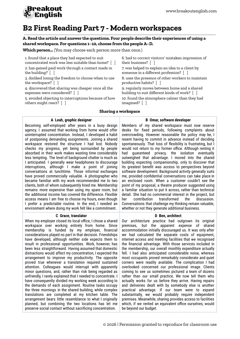 B2 First Reading Part 7 - Modern workspaces reading task