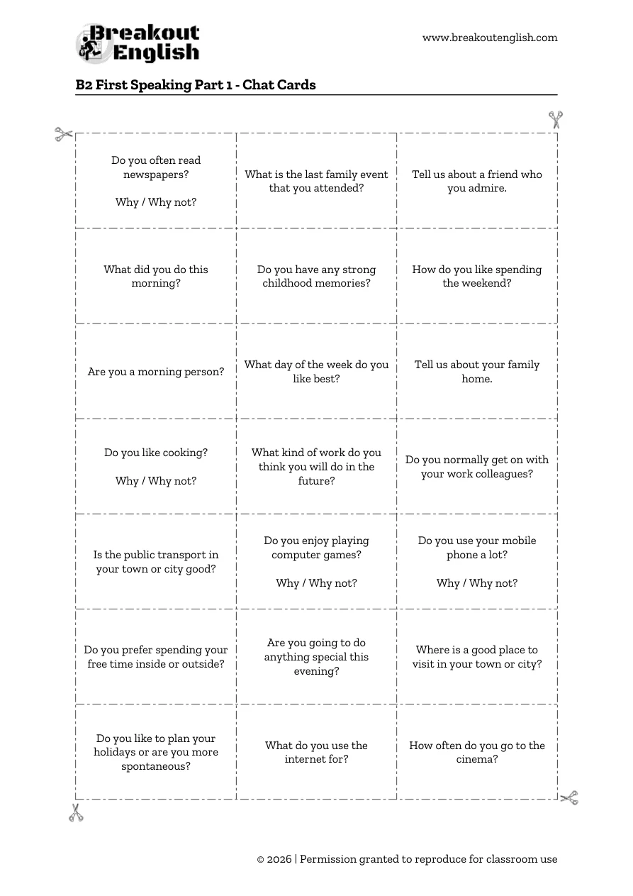 B2 First Speaking Part 1 chat cards, full printable page
