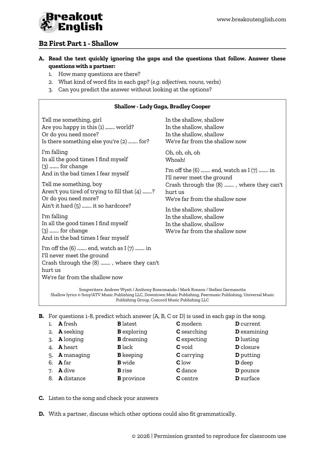B2 First multiple-choice cloze Shallow worksheet