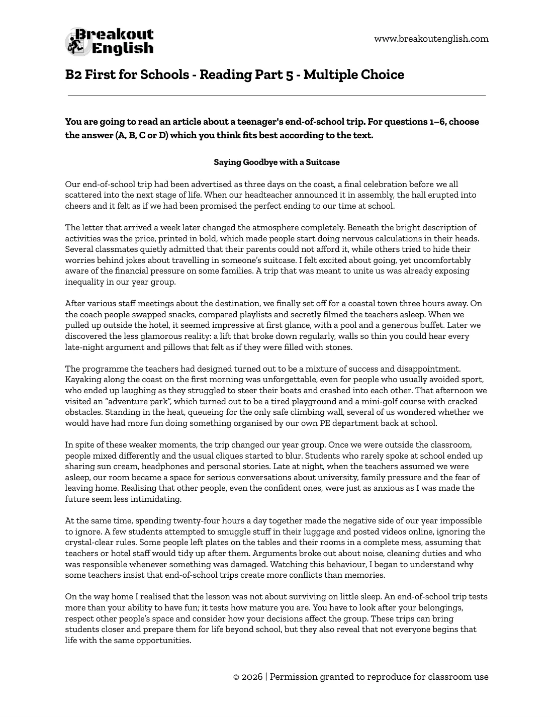 B2 First for Schools Reading Part 5 reading text