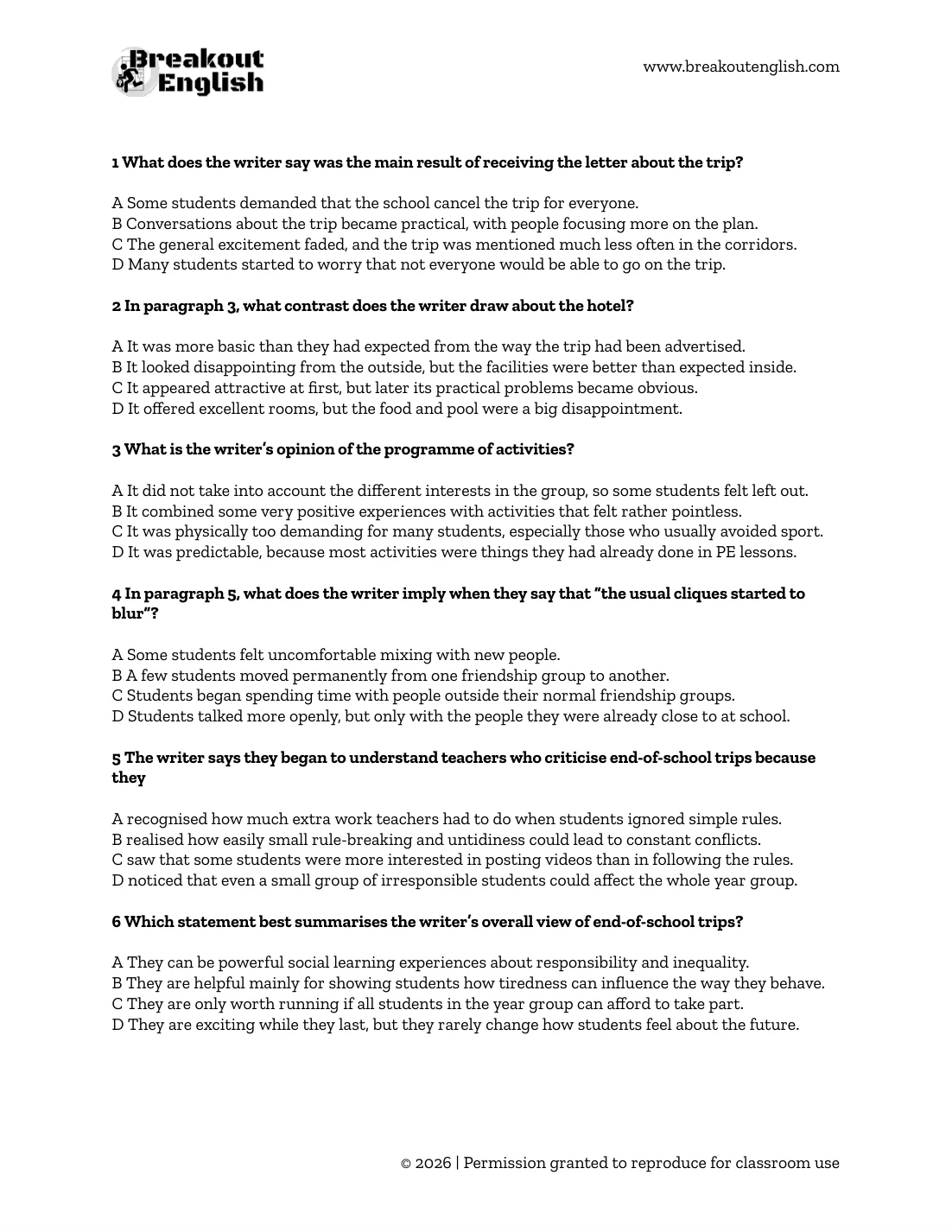 B2 First for Schools Reading Part 5 questions