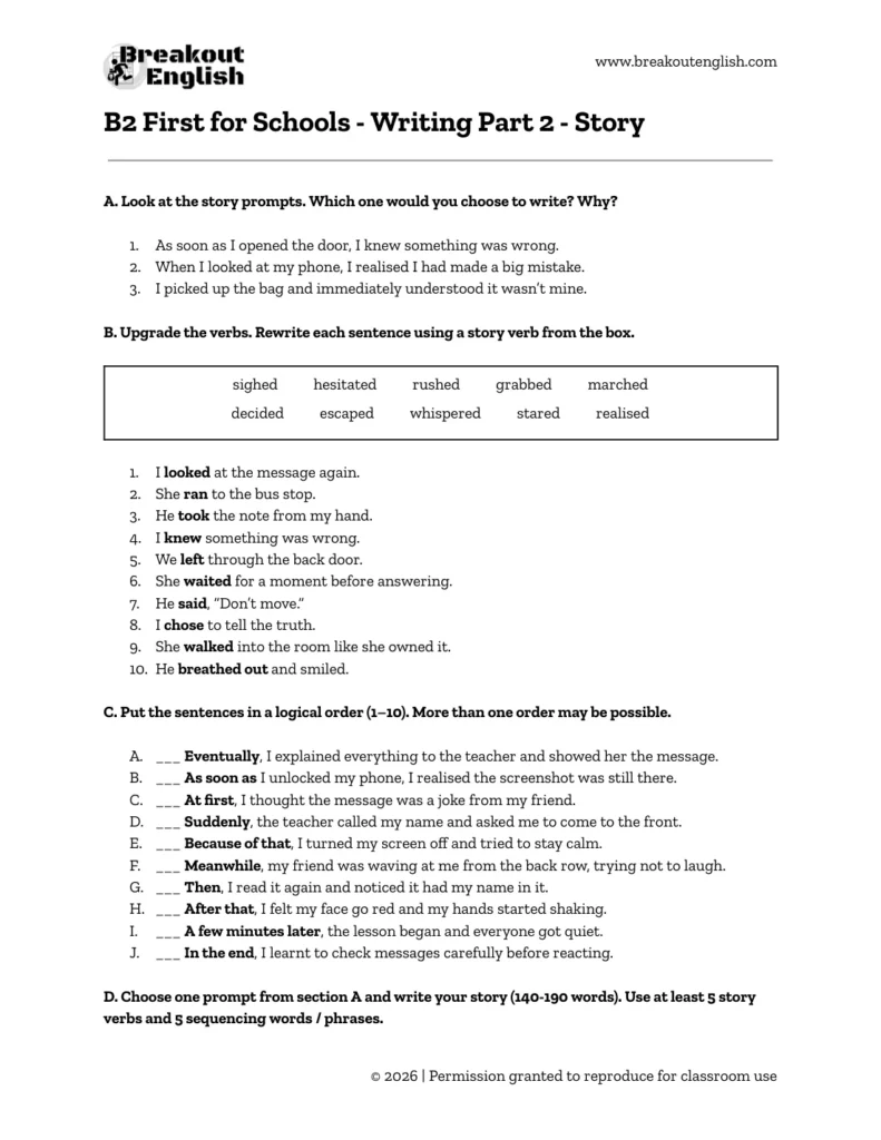 B2 First for Schools story worksheet with story verbs, sequencing and writing prompts
