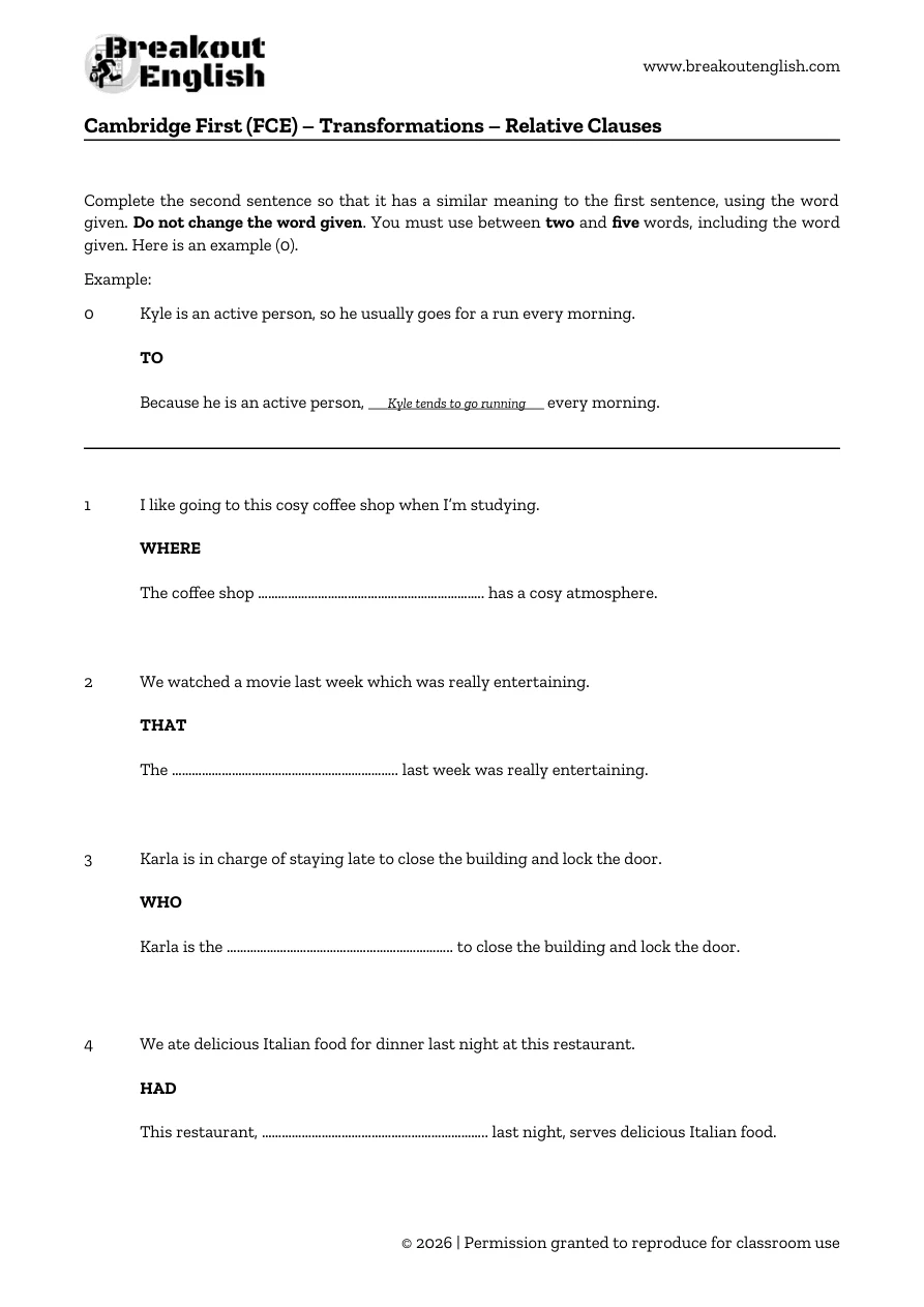 B2 relative-clause transformations, student page 1