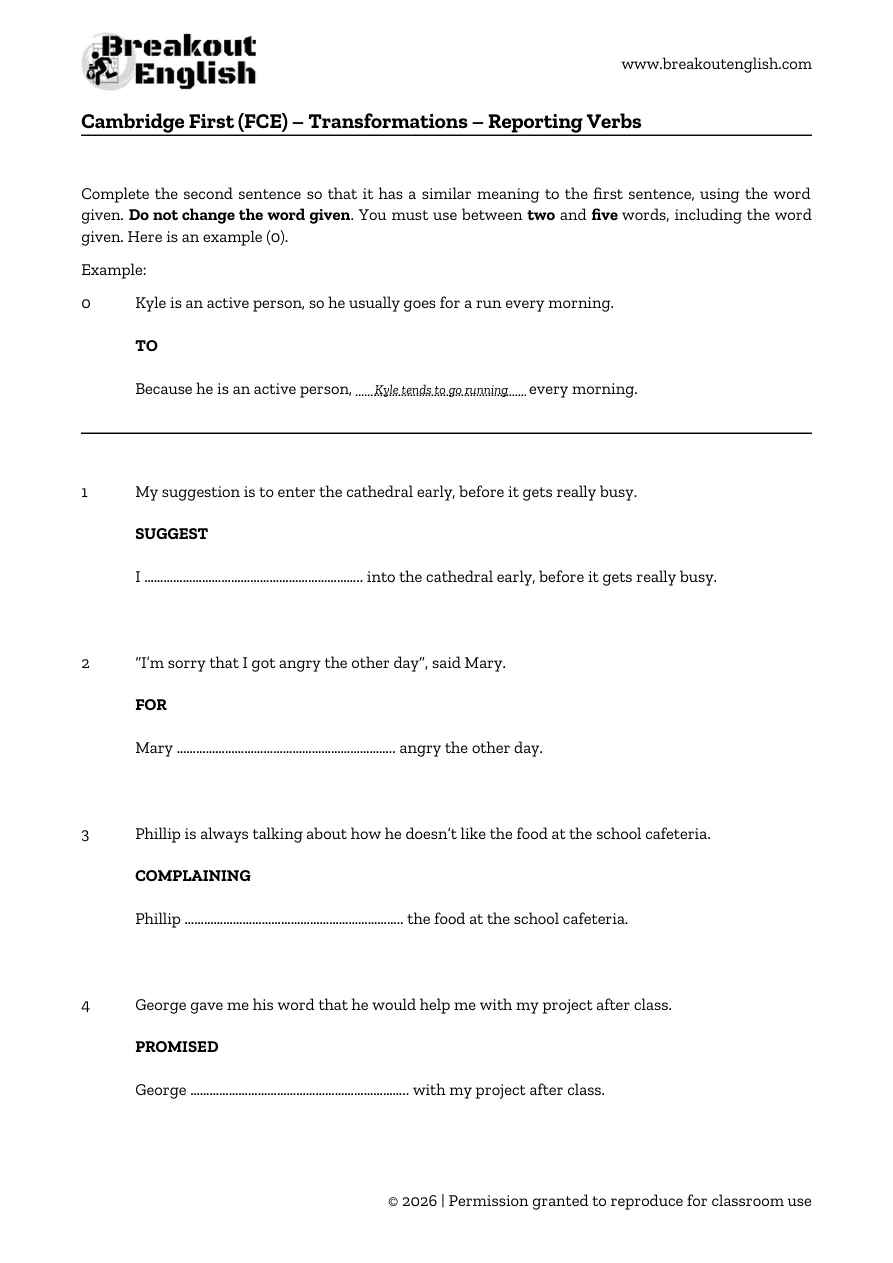 B2 reporting-verb transformations, student page 1