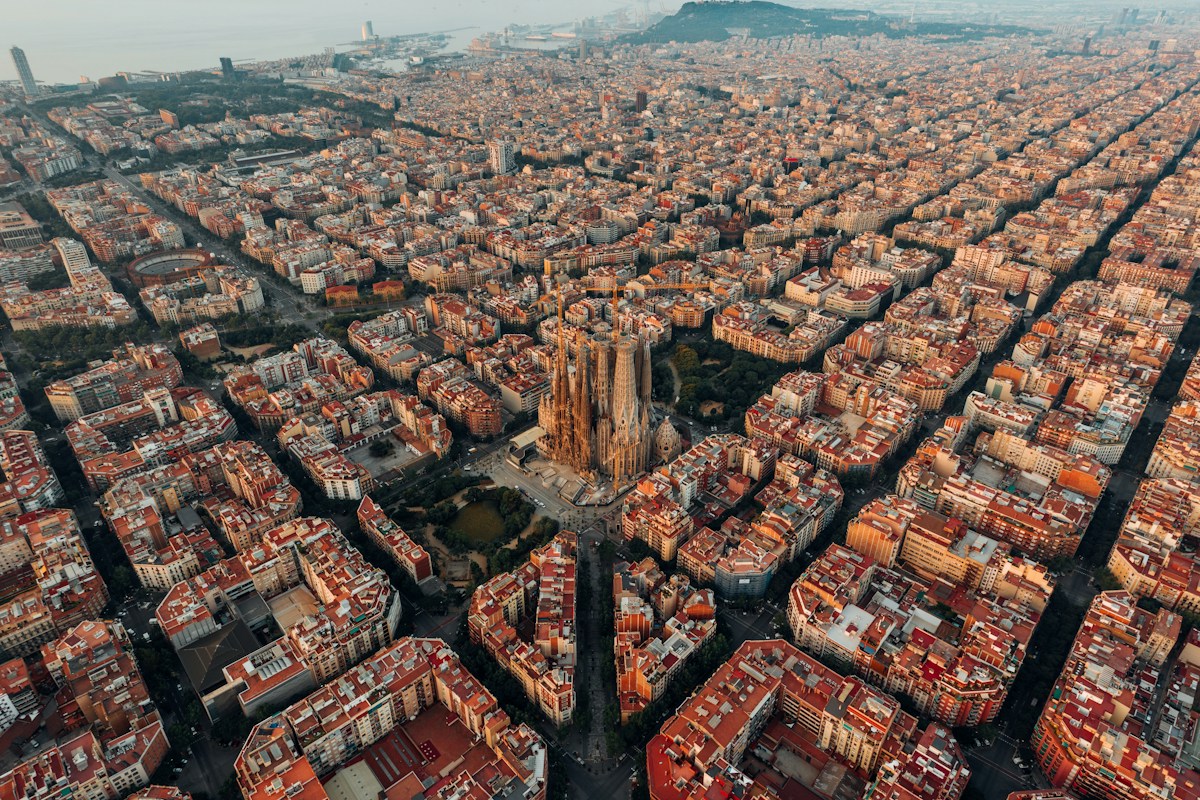 Aerial view of the Sagrada Família surrounded by Barcelona’s grid of streets