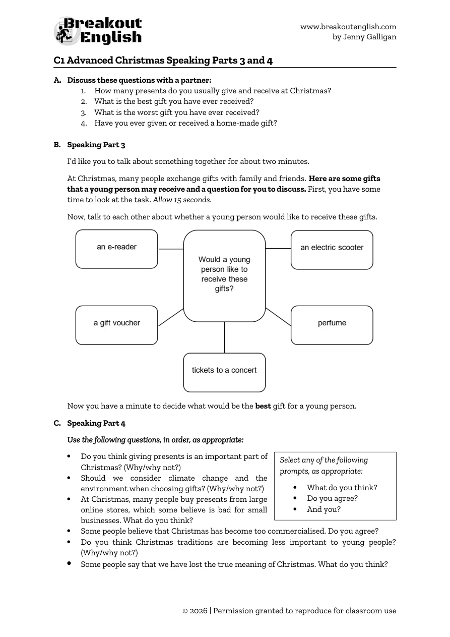 C1 Advanced Christmas Speaking Parts 3 and 4