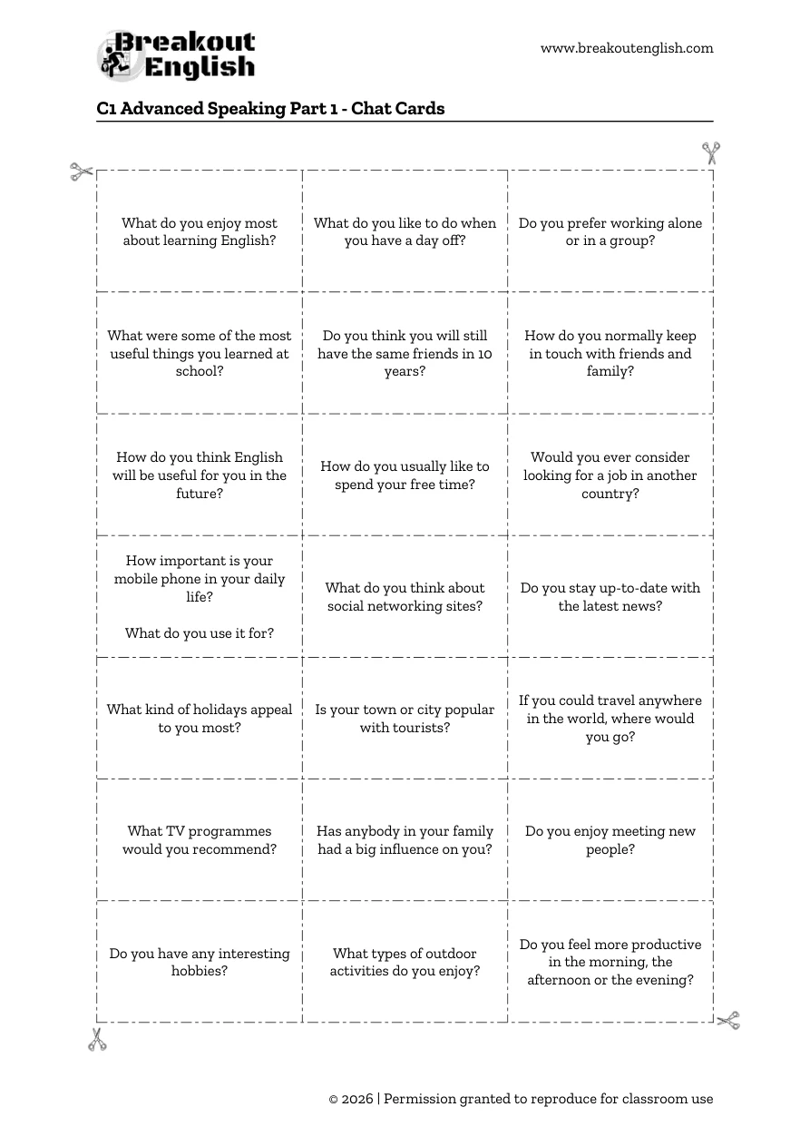 C1 Advanced Speaking Part 1 chat cards, full printable page