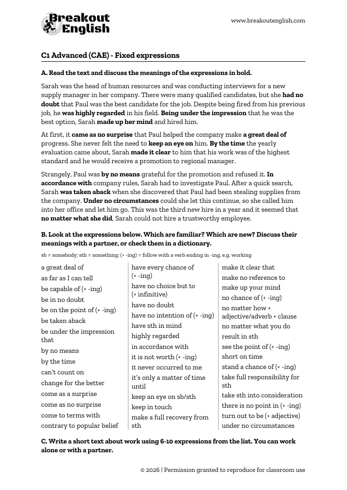 Preview of the C1 Advanced fixed expressions worksheet with a reading text and expression list